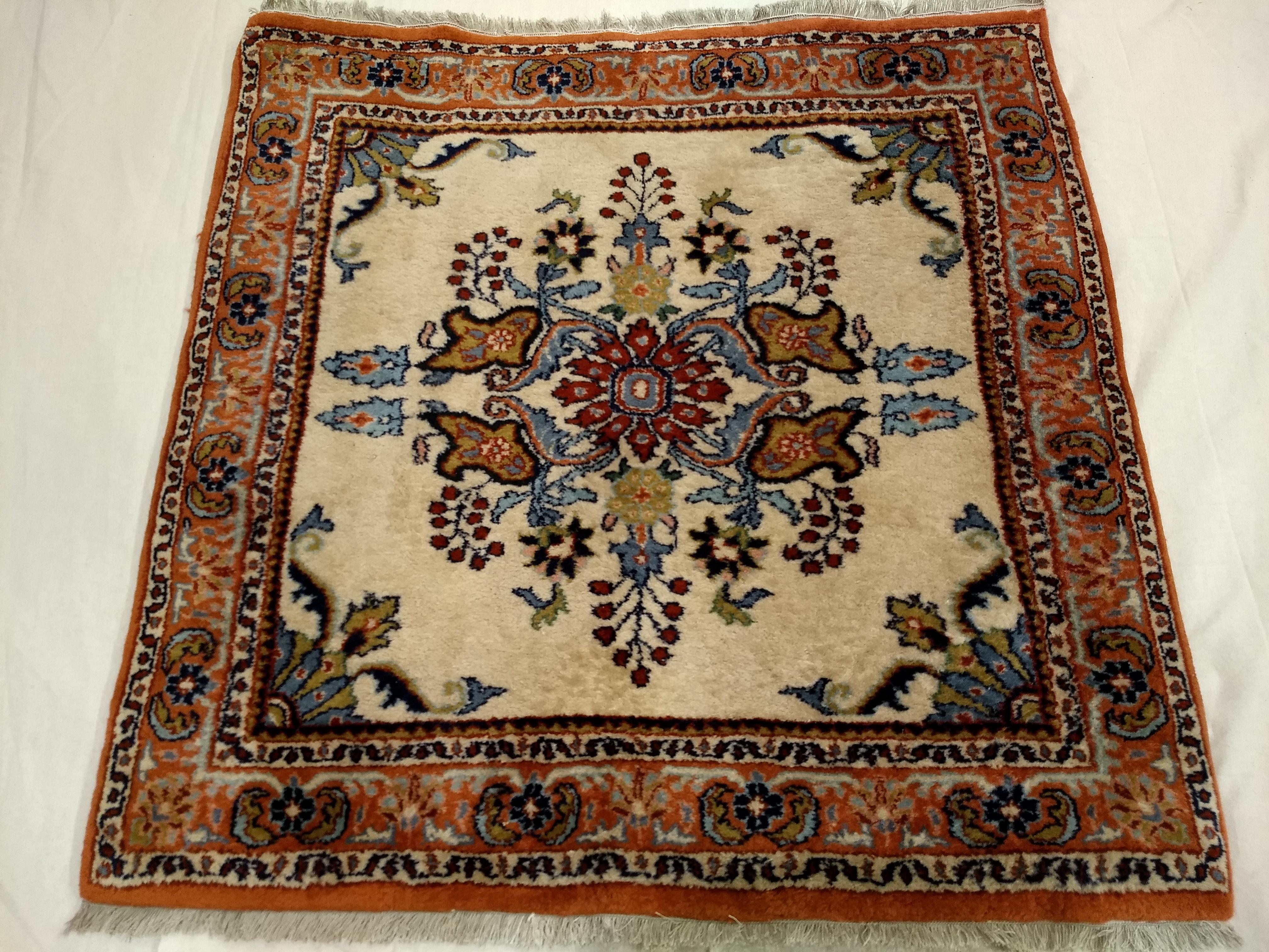 Hand-Knotted Vintage Square Size Persian Sarouk in Ivory Color, Green, Navy, Red, Blue, Brown For Sale