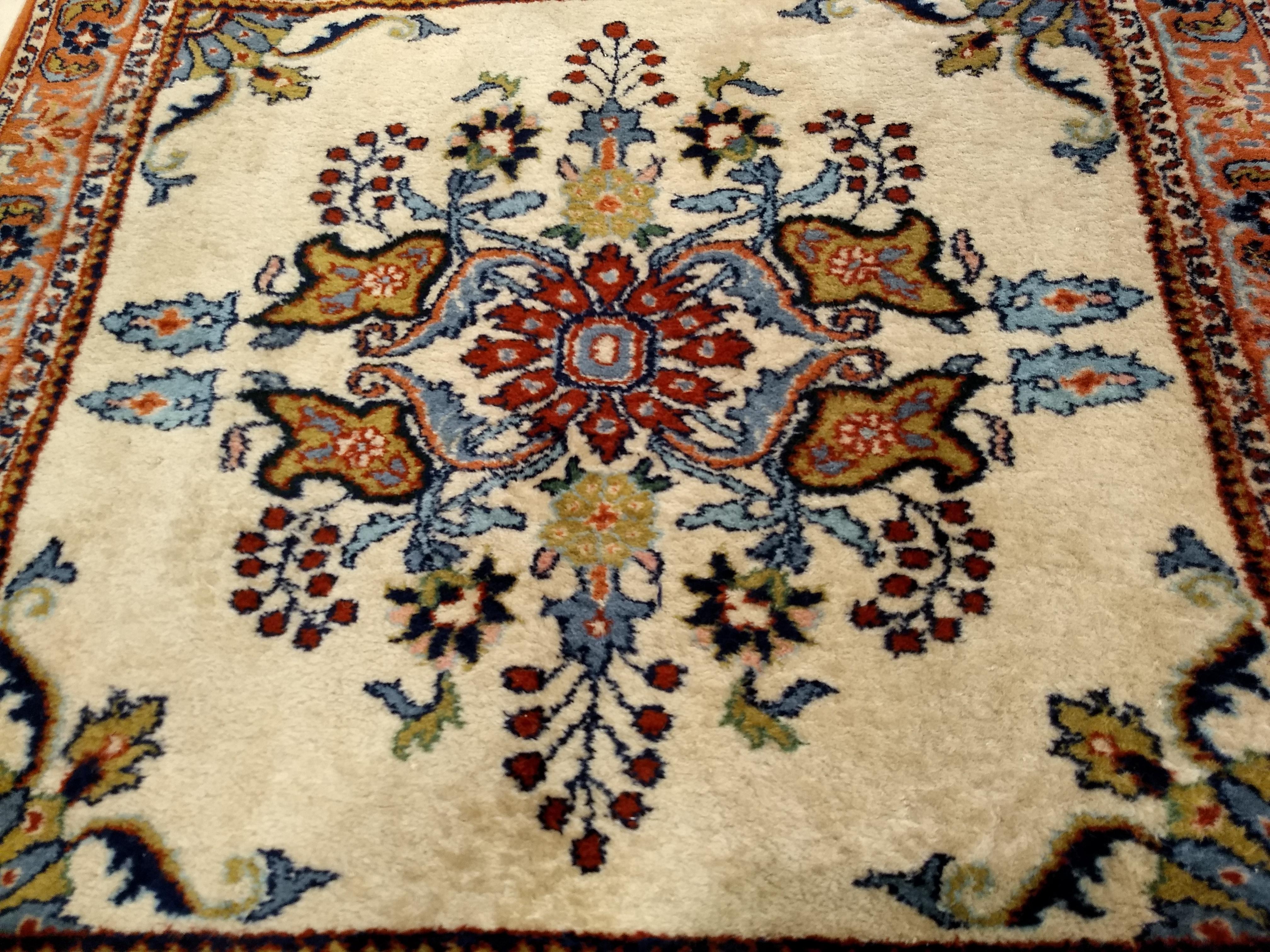 Vintage Square Size Persian Sarouk in Ivory Color, Green, Navy, Red, Blue, Brown In Good Condition For Sale In Barrington, IL