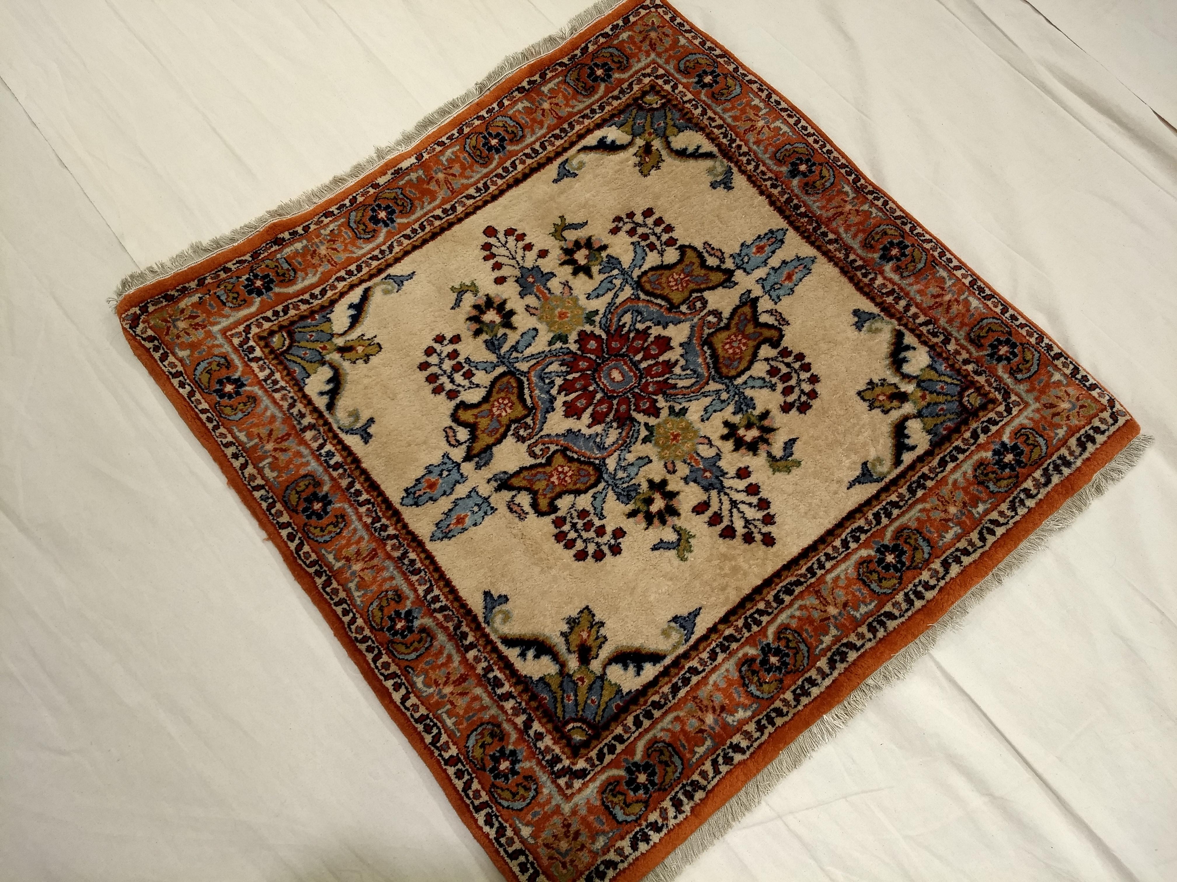 20th Century Vintage Square Size Persian Sarouk in Ivory Color, Green, Navy, Red, Blue, Brown For Sale