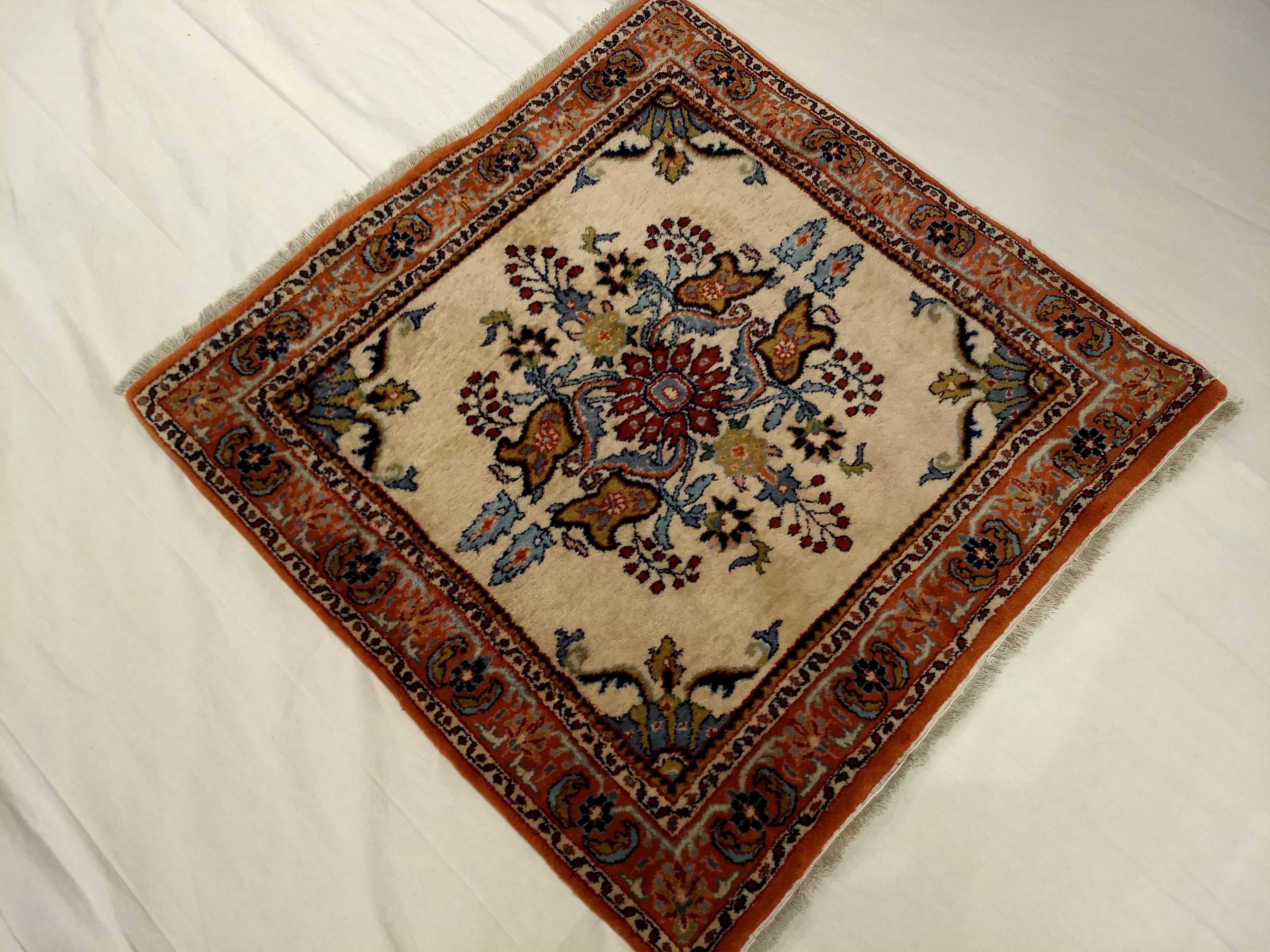Wool Vintage Square Size Persian Sarouk in Ivory Color, Green, Navy, Red, Blue, Brown For Sale