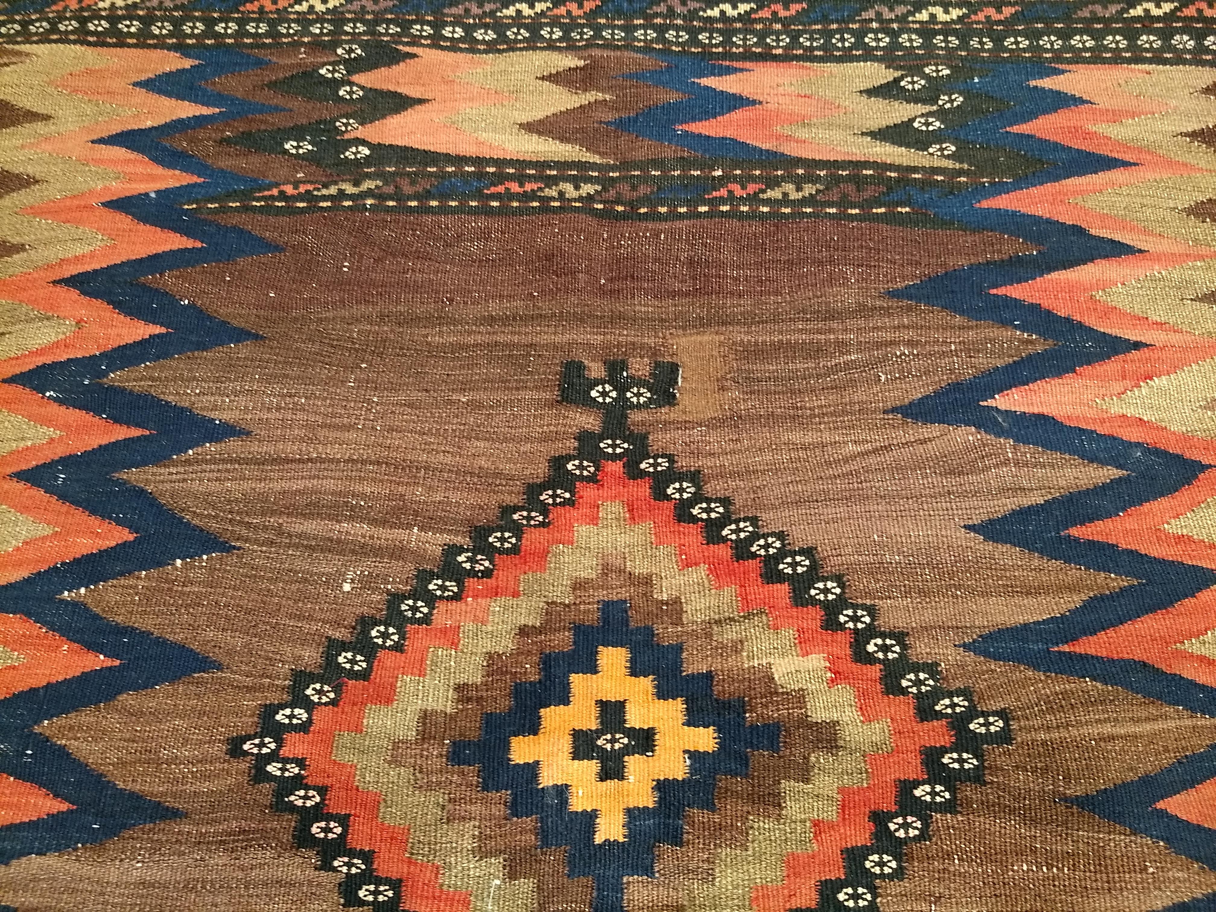 Vintage Square Size Persian Sofreh Kilim in Brown, Navy, Pink, Pale Yellow For Sale 4