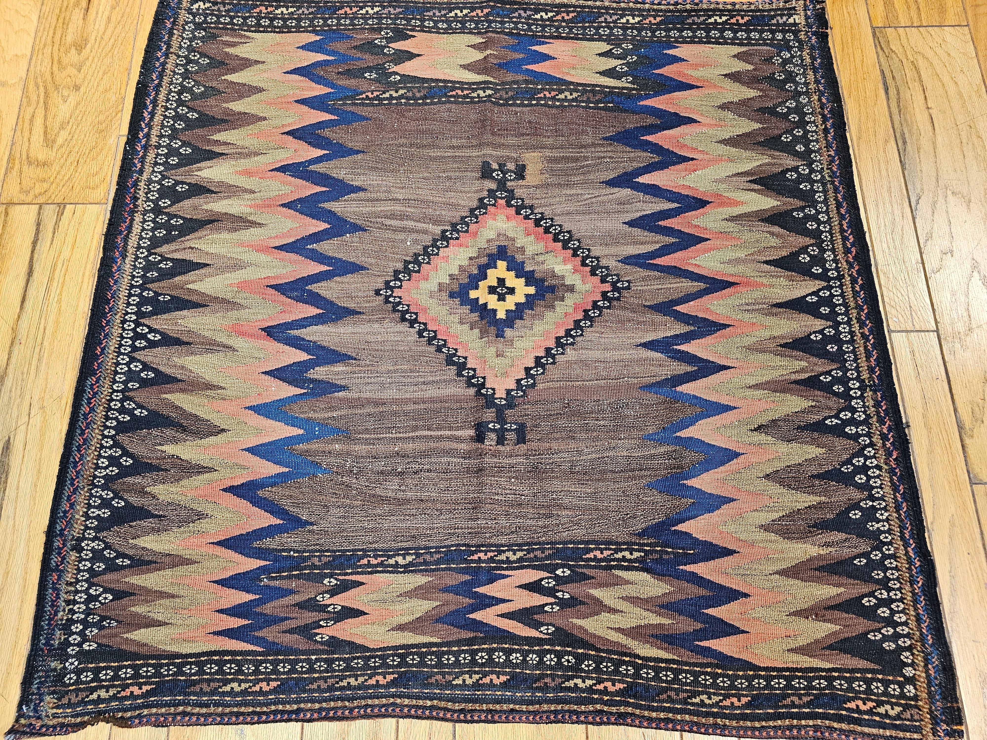Vintage Square Size Persian Sofreh Kilim in Brown, Navy, Pink, Pale Yellow For Sale 5