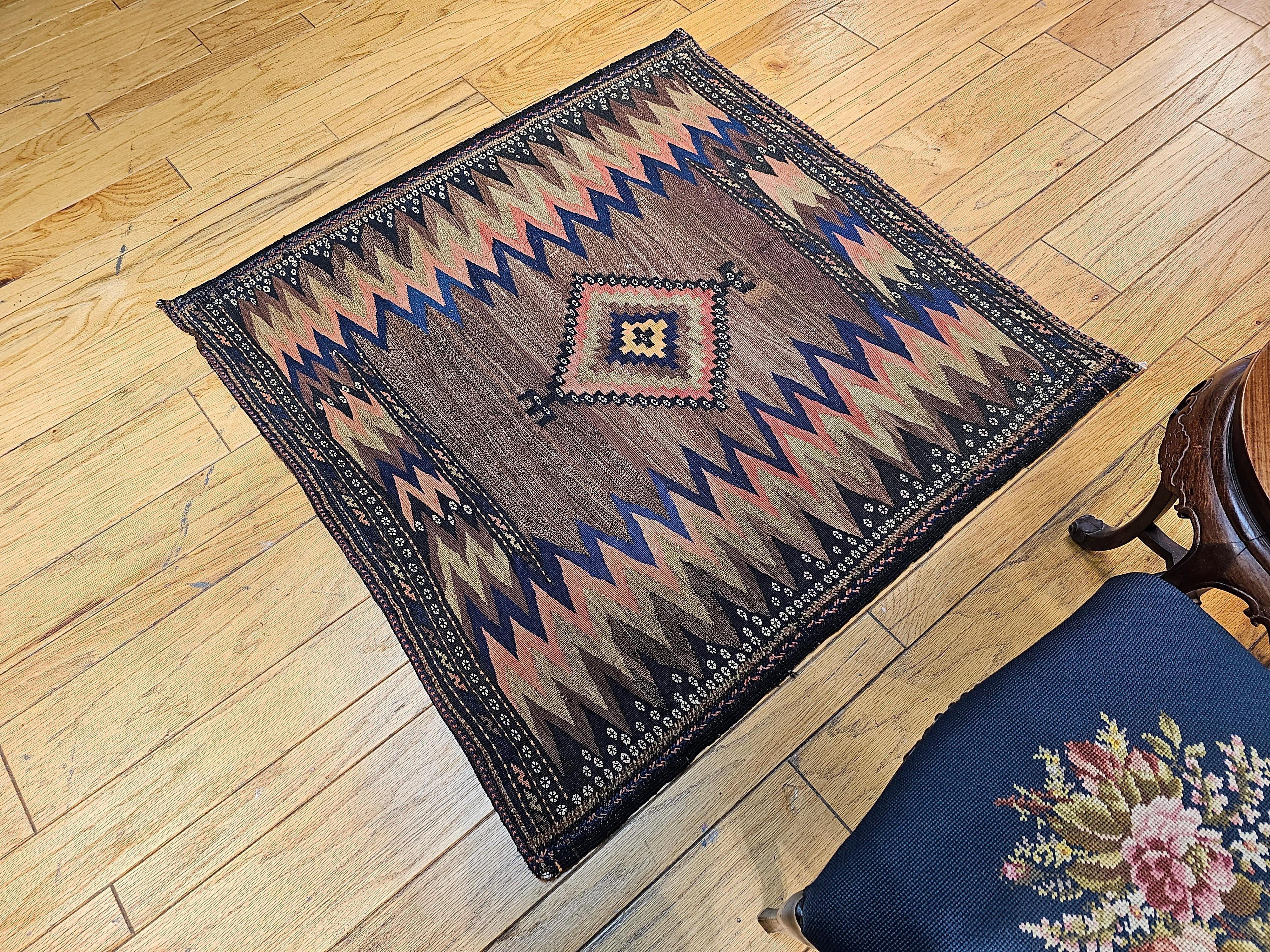 Vintage Square Size Persian Sofreh Kilim in Brown, Navy, Pink, Pale Yellow For Sale 7