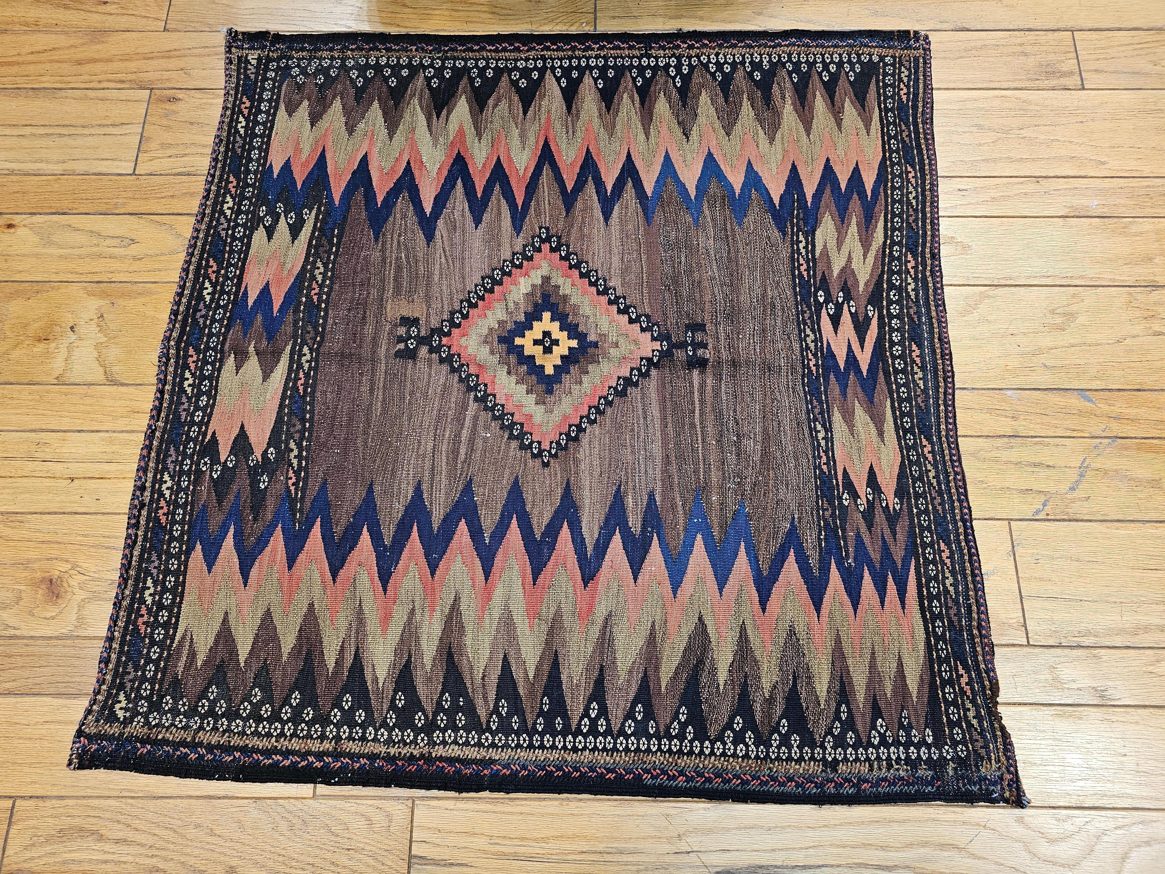 Vintage Square Size Persian Sofreh Kilim in Brown, Navy, Pink, Pale Yellow For Sale 8
