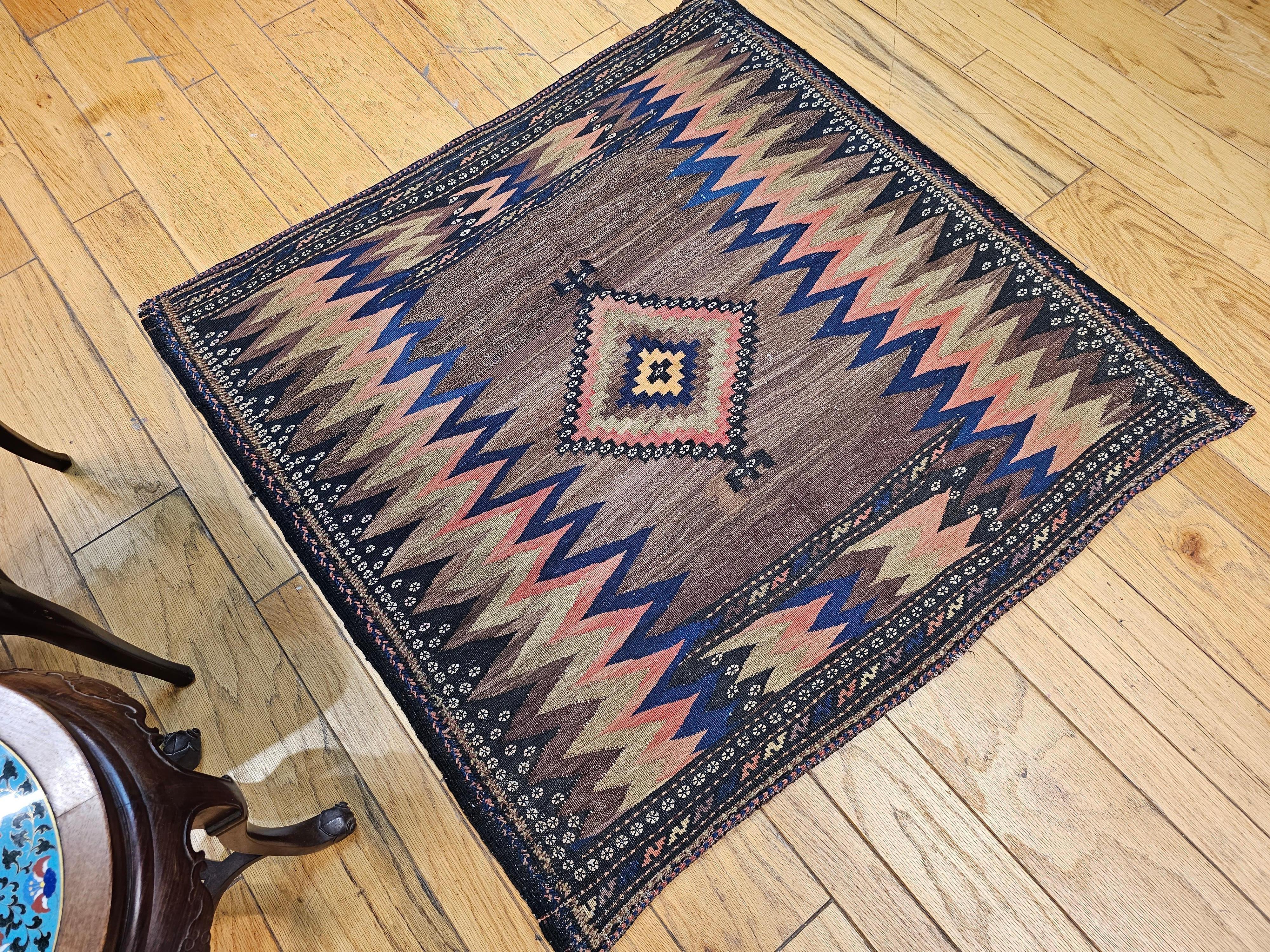 Vintage Square Size Persian Sofreh Kilim in Brown, Navy, Pink, Pale Yellow For Sale 9