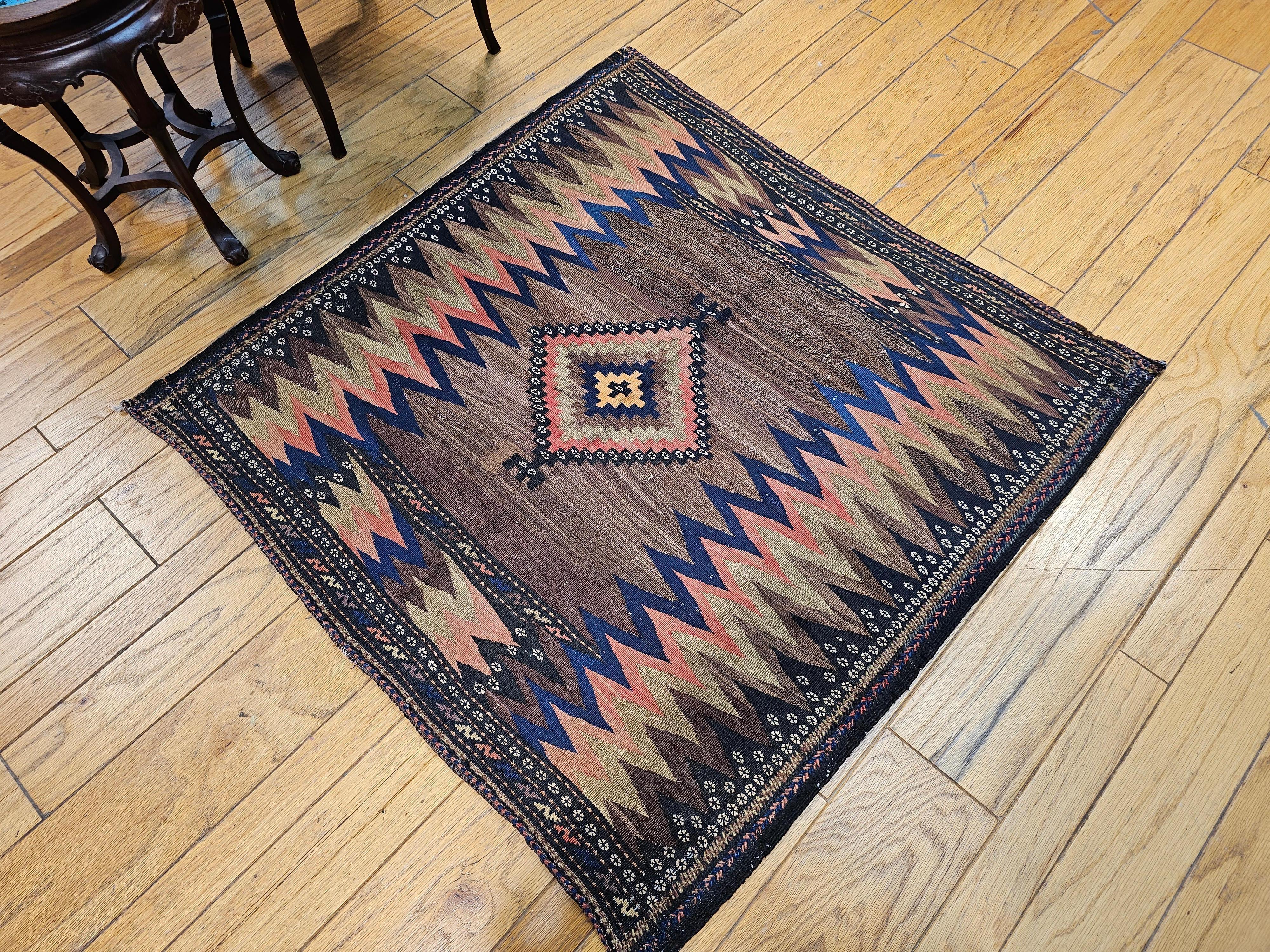 Vintage Square Size Persian Sofreh Kilim in Brown, Navy, Pink, Pale Yellow For Sale 10