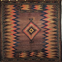 Vintage Square-Size Persian Sofreh Kilim in Brown, Navy, Terracotta, Tan