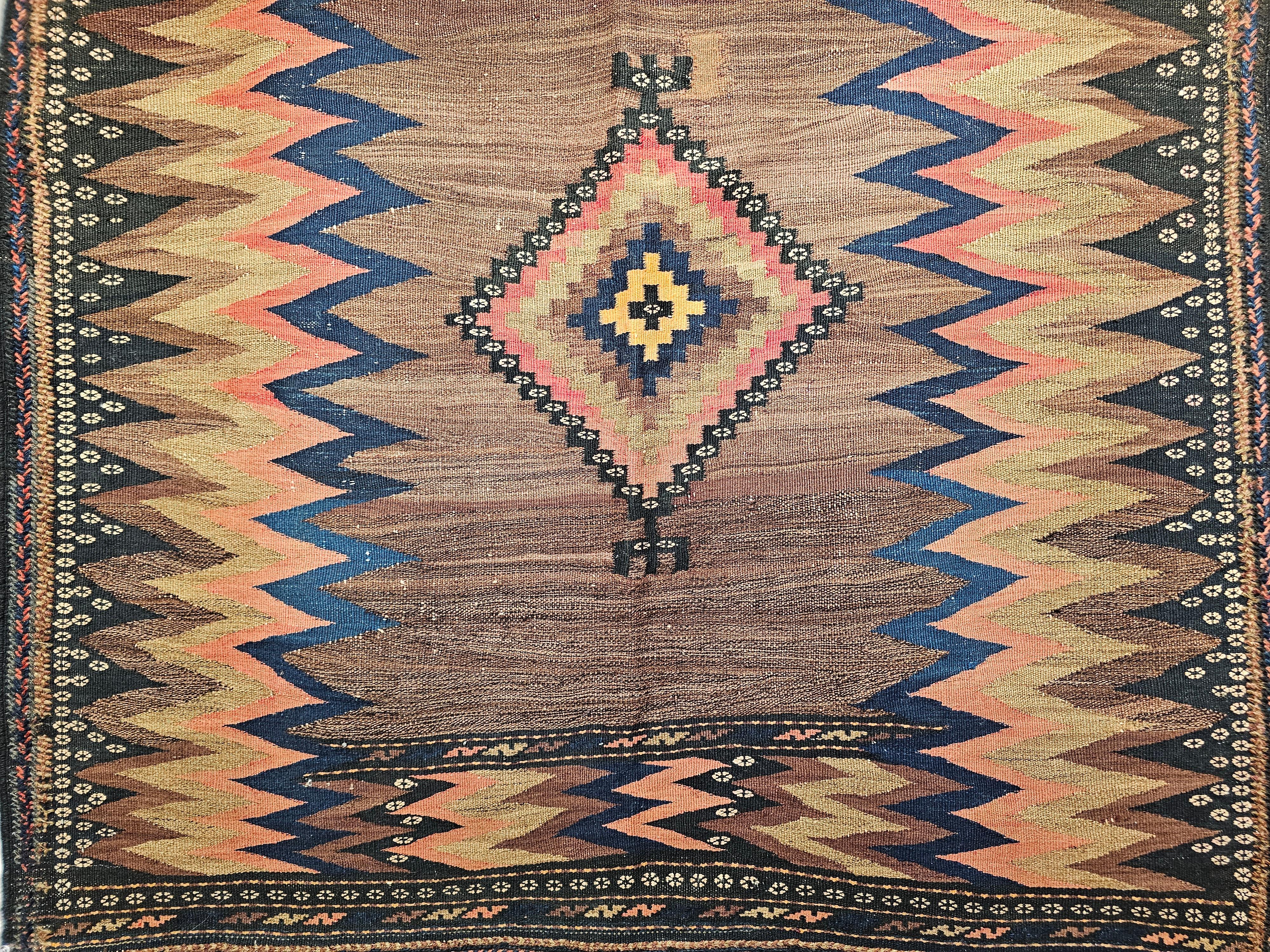 Vintage Square Size Persian Sofreh Kilim in Brown, Navy, Pink, Pale Yellow In Good Condition For Sale In Barrington, IL