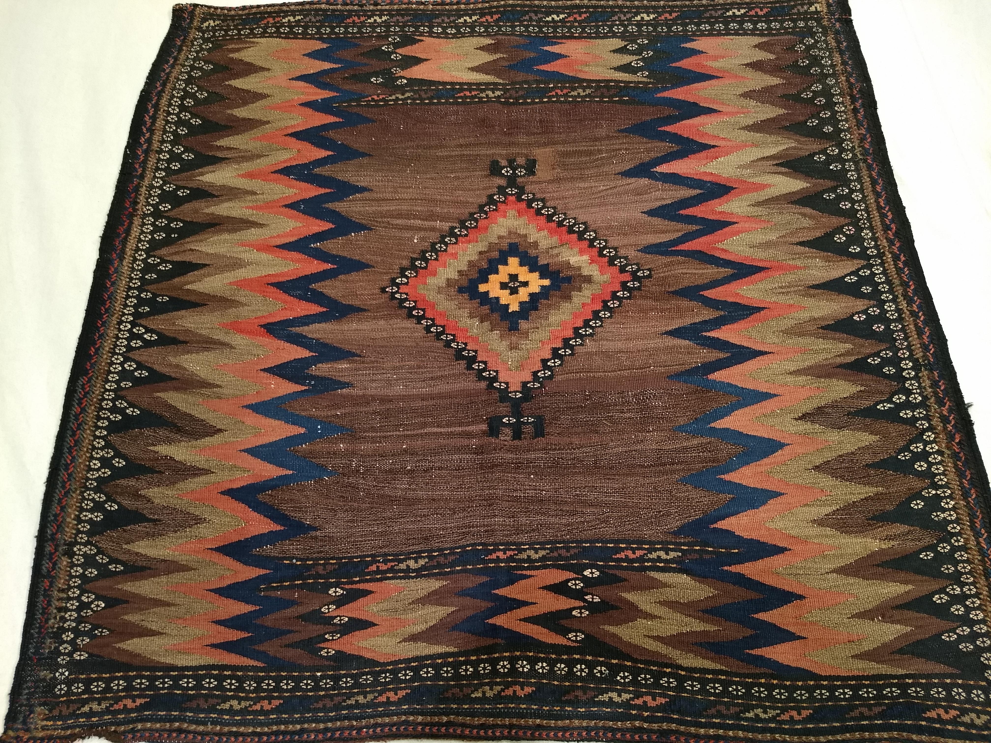 Vintage Square Size Persian Sofreh Kilim in Brown, Navy, Pink, Pale Yellow For Sale 1