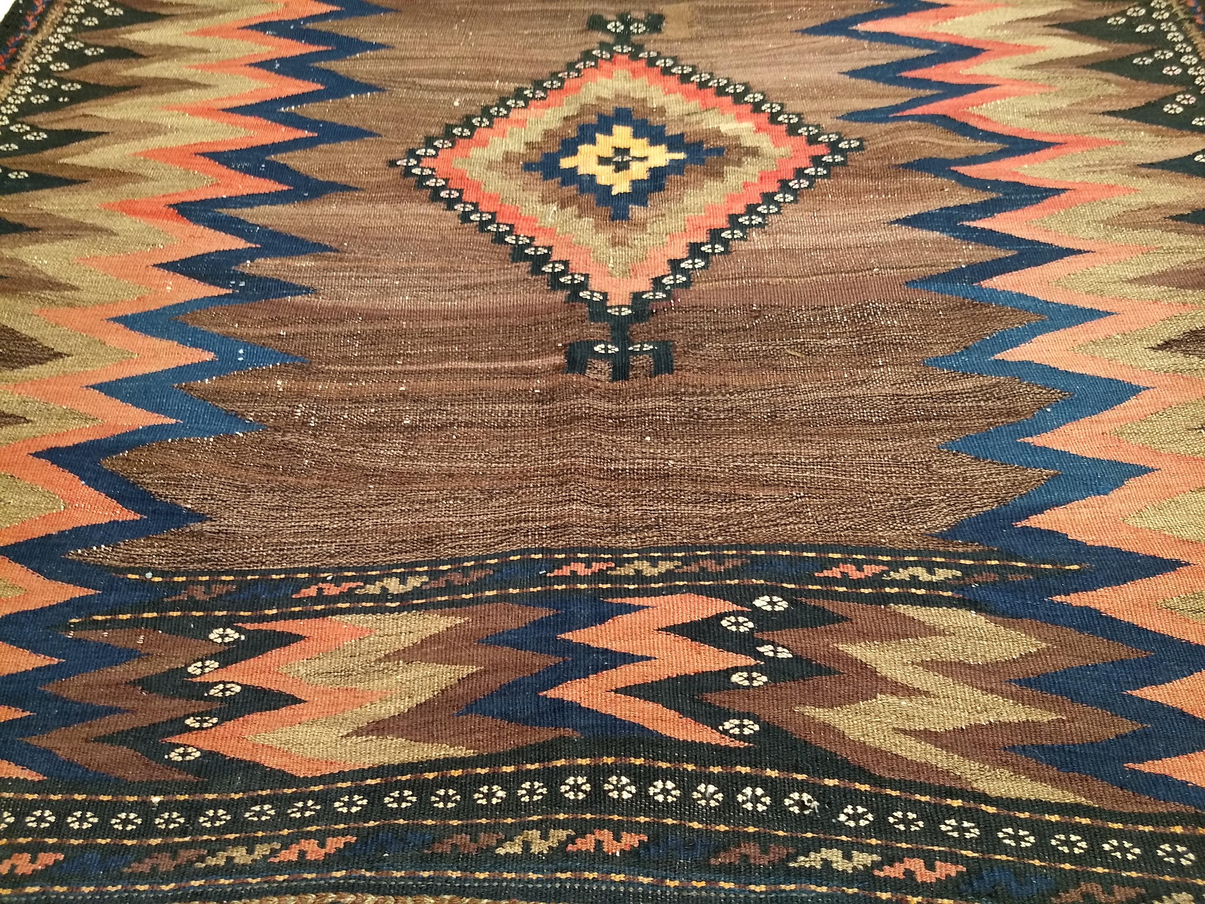 Vintage Square Size Persian Sofreh Kilim in Brown, Navy, Pink, Pale Yellow For Sale 2