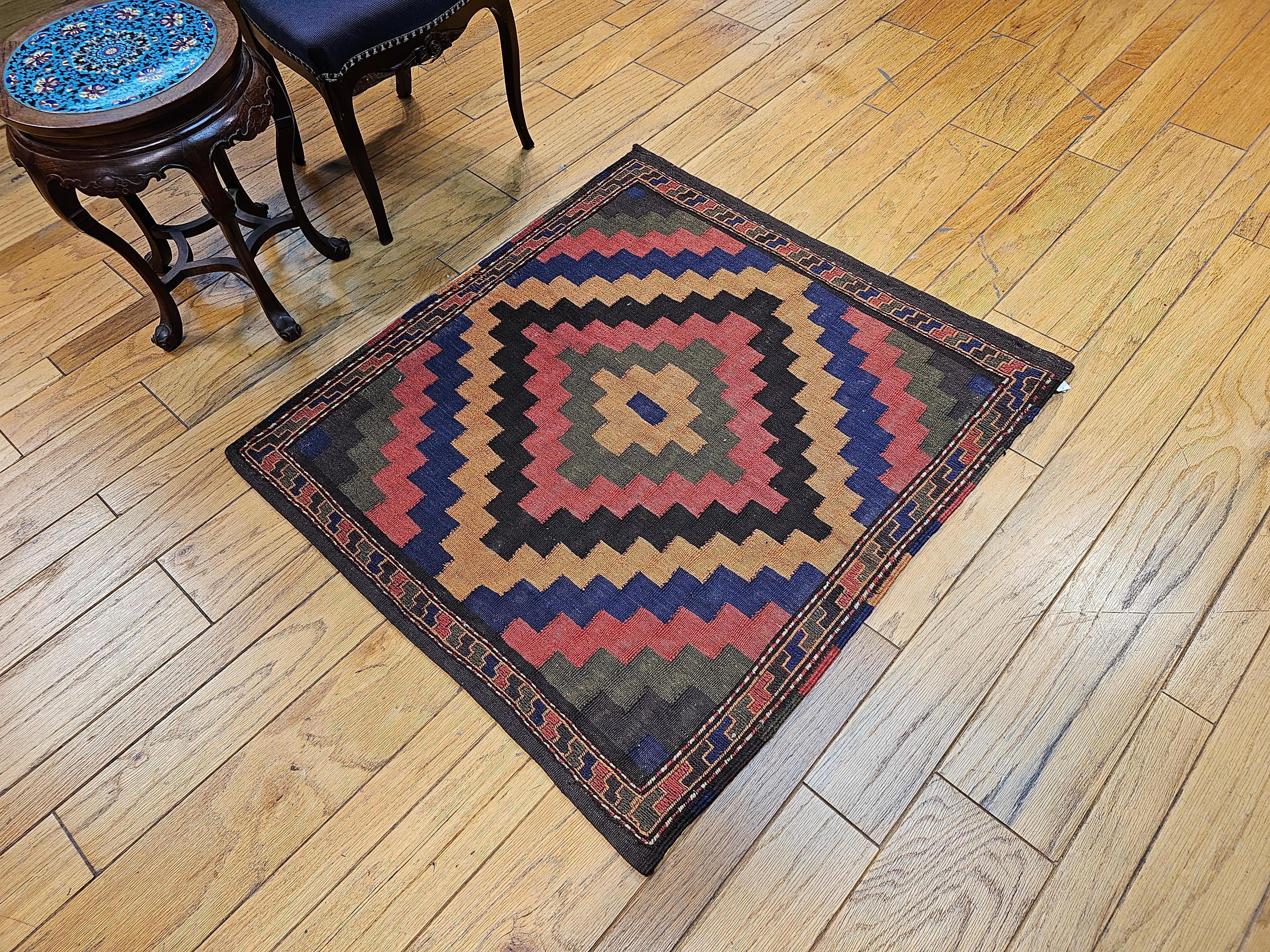 Vintage Square Size Persian Sofreh Tribal Kilim in Brown, Navy, Pink, Yellow For Sale 4