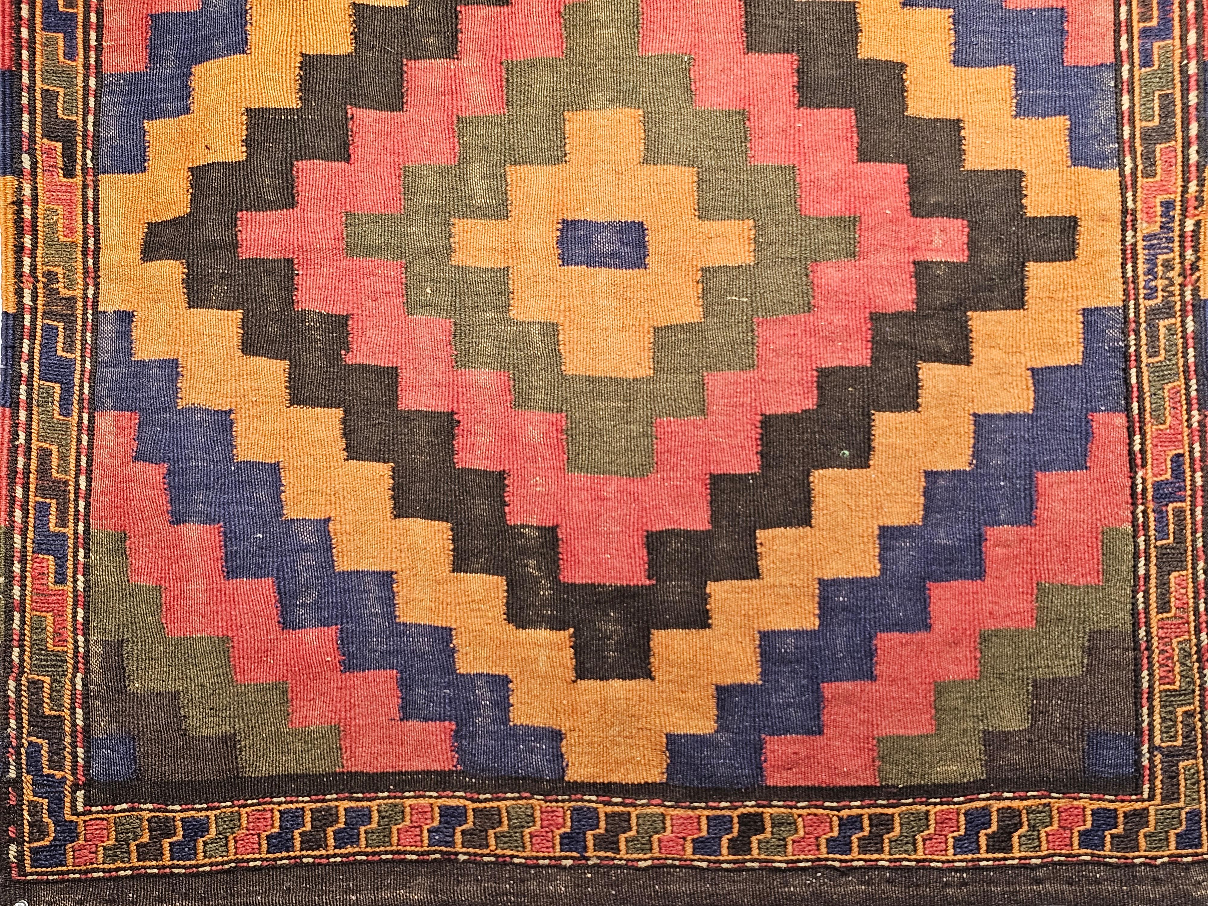 Vintage Square Size Persian Sofreh Tribal Kilim in Brown, Navy, Pink, Yellow In Good Condition For Sale In Barrington, IL
