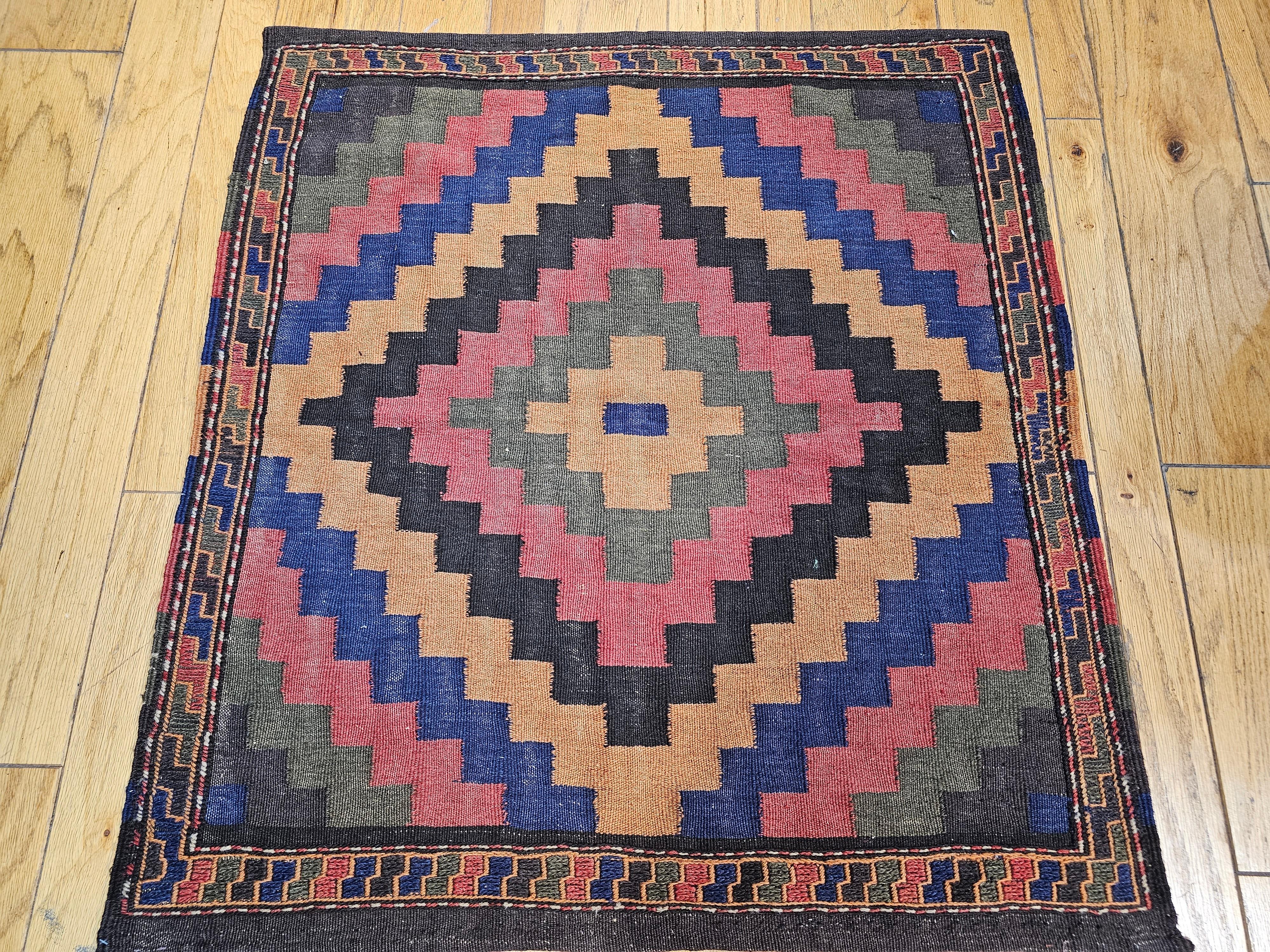 20th Century Vintage Square Size Persian Sofreh Tribal Kilim in Brown, Navy, Pink, Yellow For Sale