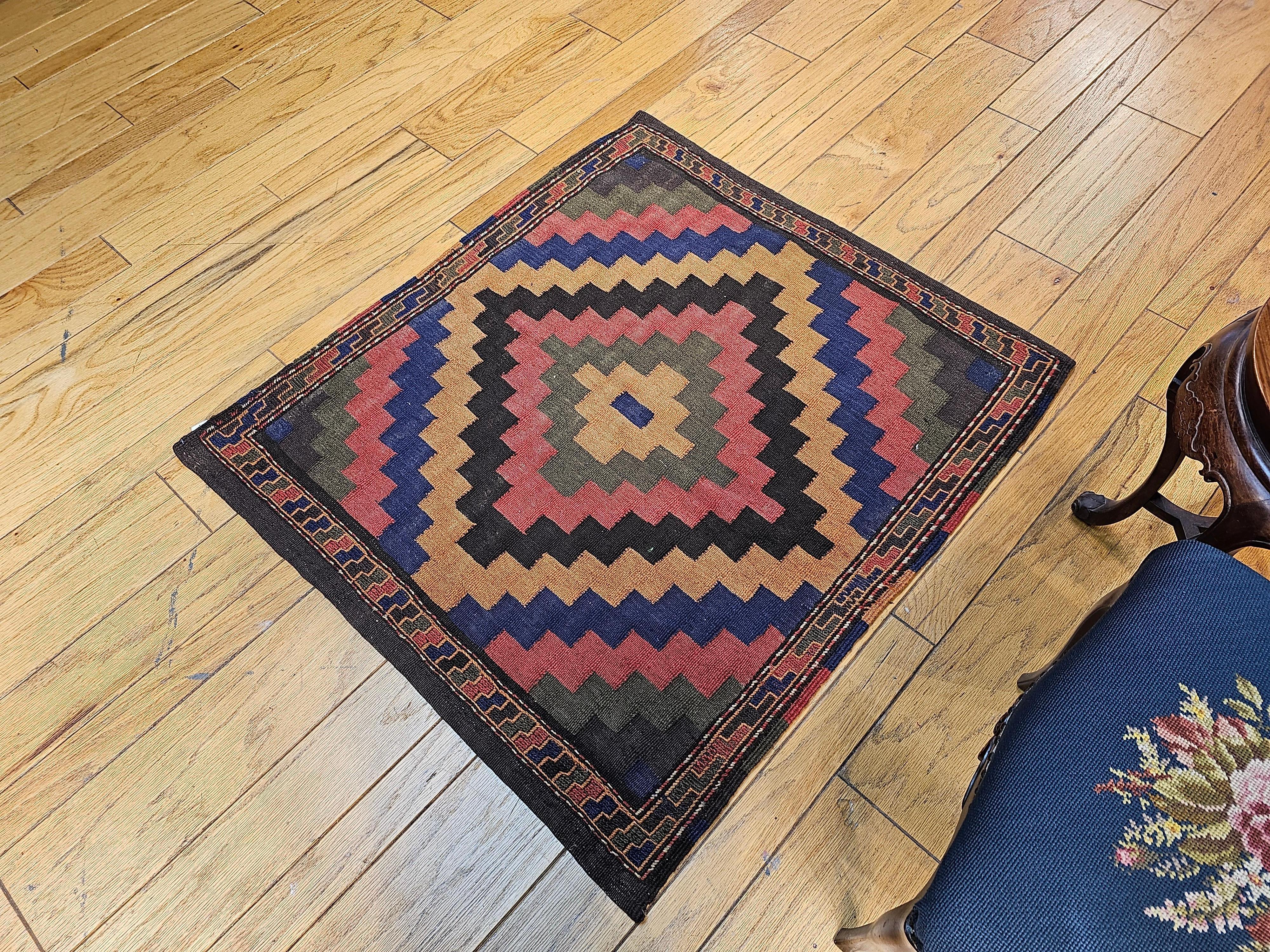 Vintage Square Size Persian Sofreh Tribal Kilim in Brown, Navy, Pink, Yellow For Sale 1