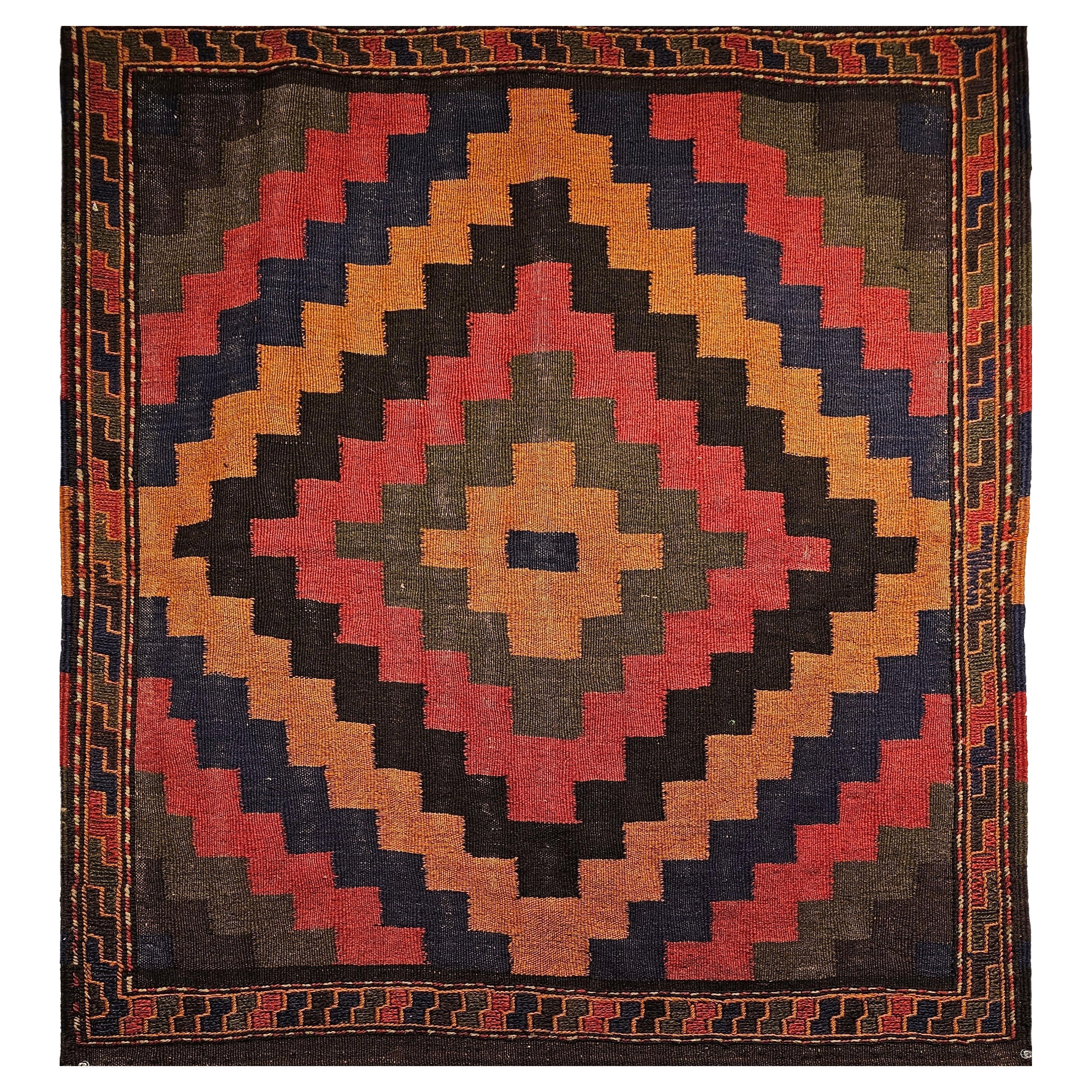 Vintage Square Size Persian Sofreh Tribal Kilim in Brown, Navy, Pink, Yellow