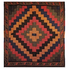 Antique Square Size Persian Sofreh Tribal Kilim in Brown, Navy, Pink, Yellow