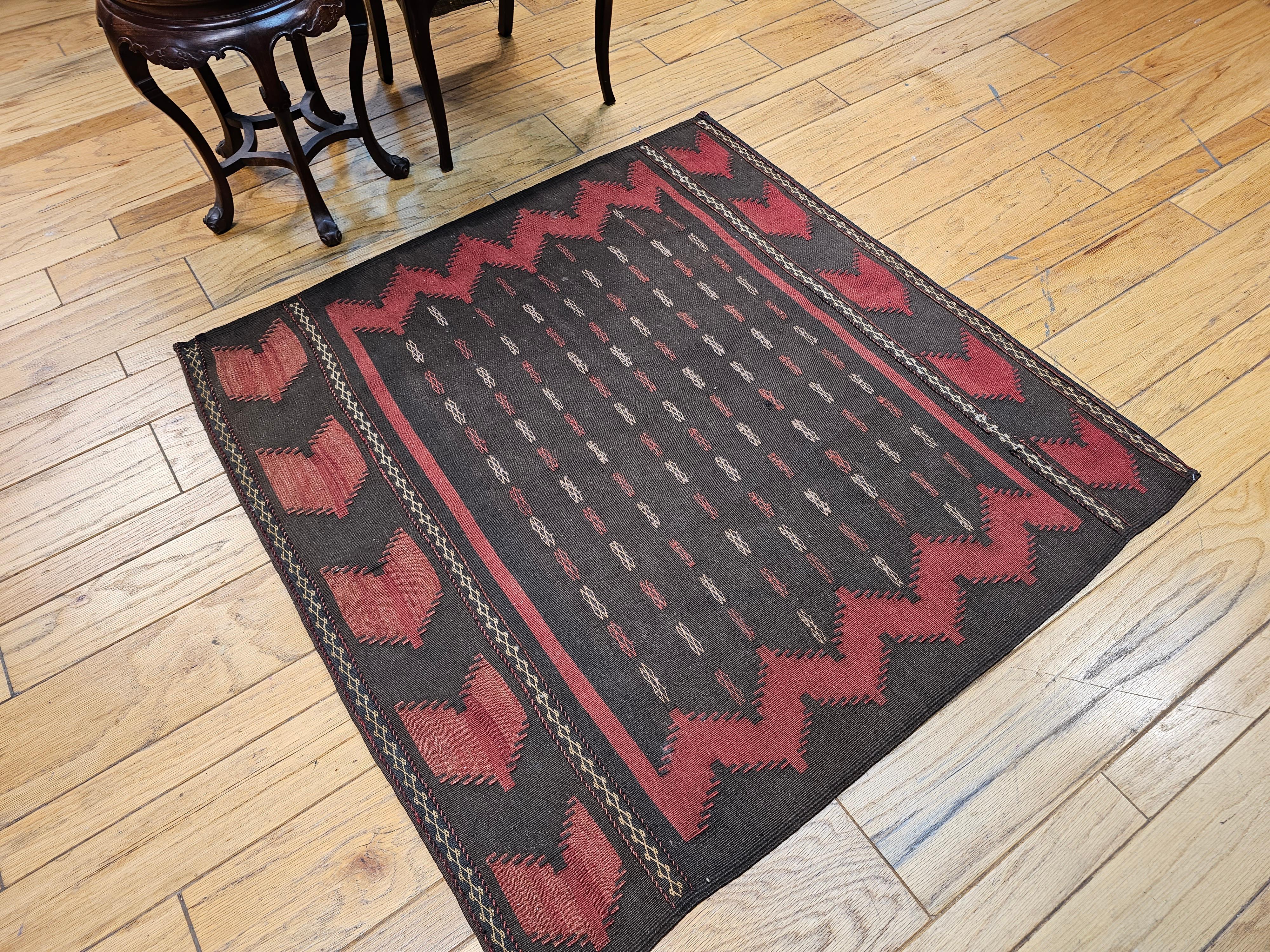 Vintage Square Size Persian Tribal Baluch Sofreh Kilim in Brown, Dark Red, Ivory For Sale 4