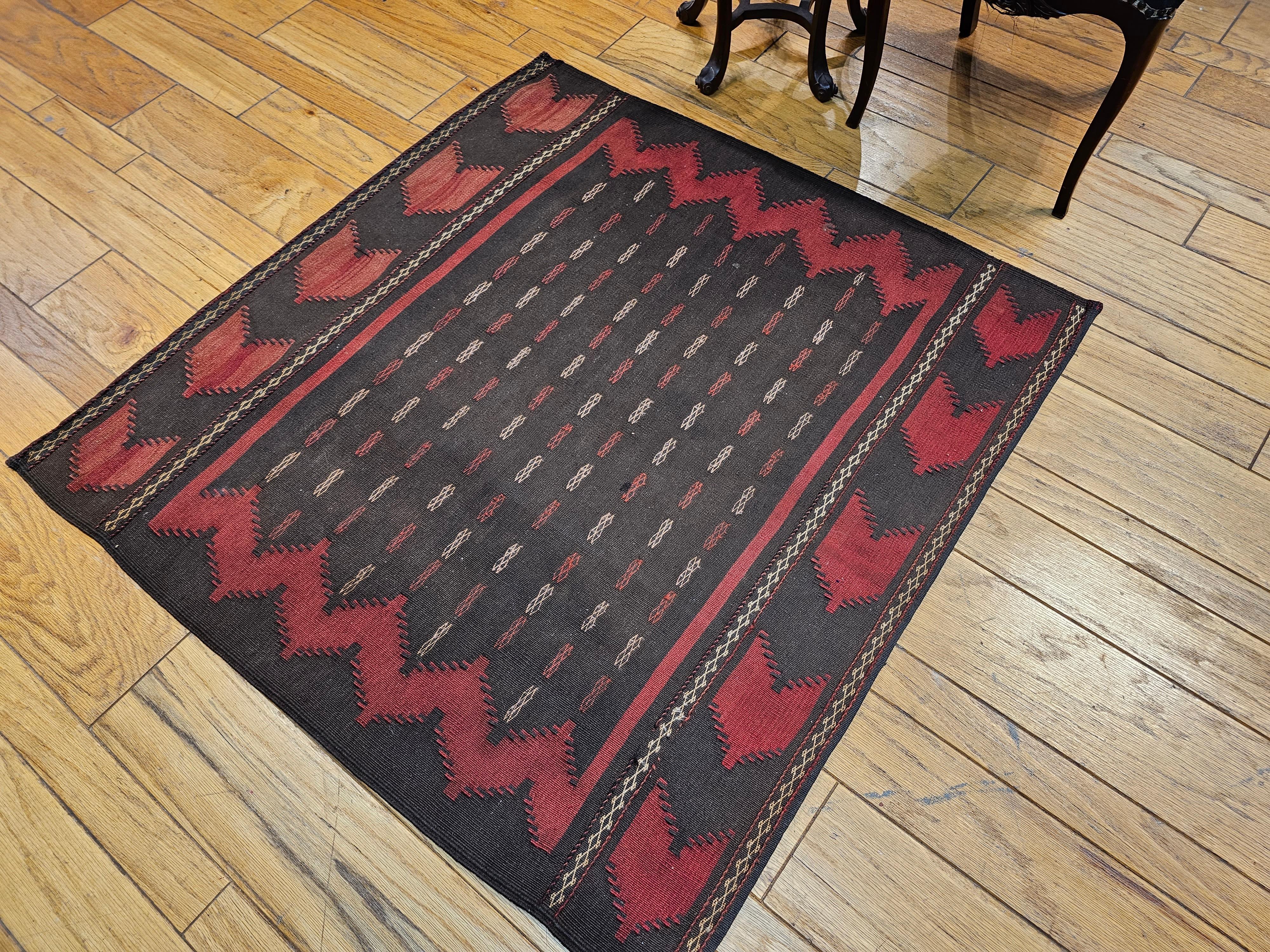 Wool Vintage Square Size Persian Tribal Baluch Sofreh Kilim in Brown, Dark Red, Ivory For Sale