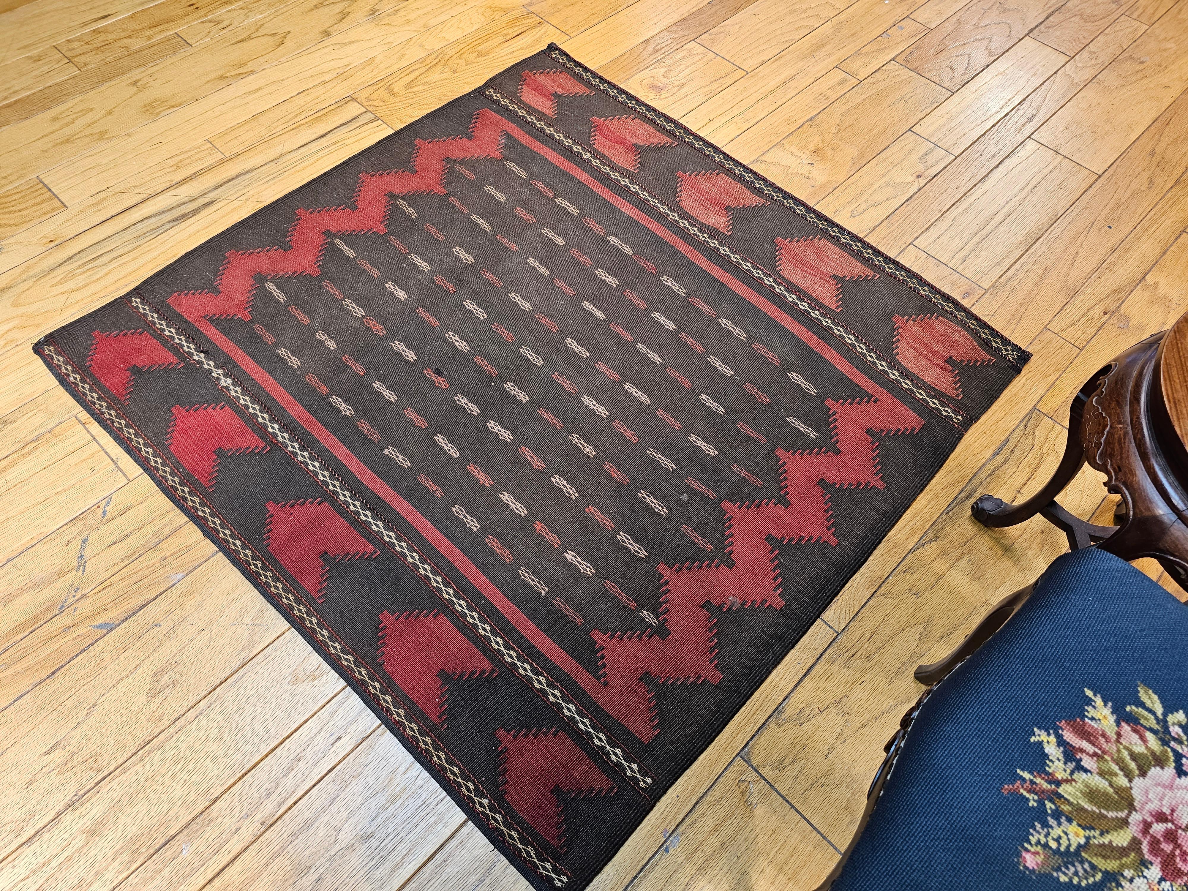 Vintage Square Size Persian Tribal Baluch Sofreh Kilim in Brown, Dark Red, Ivory For Sale 1