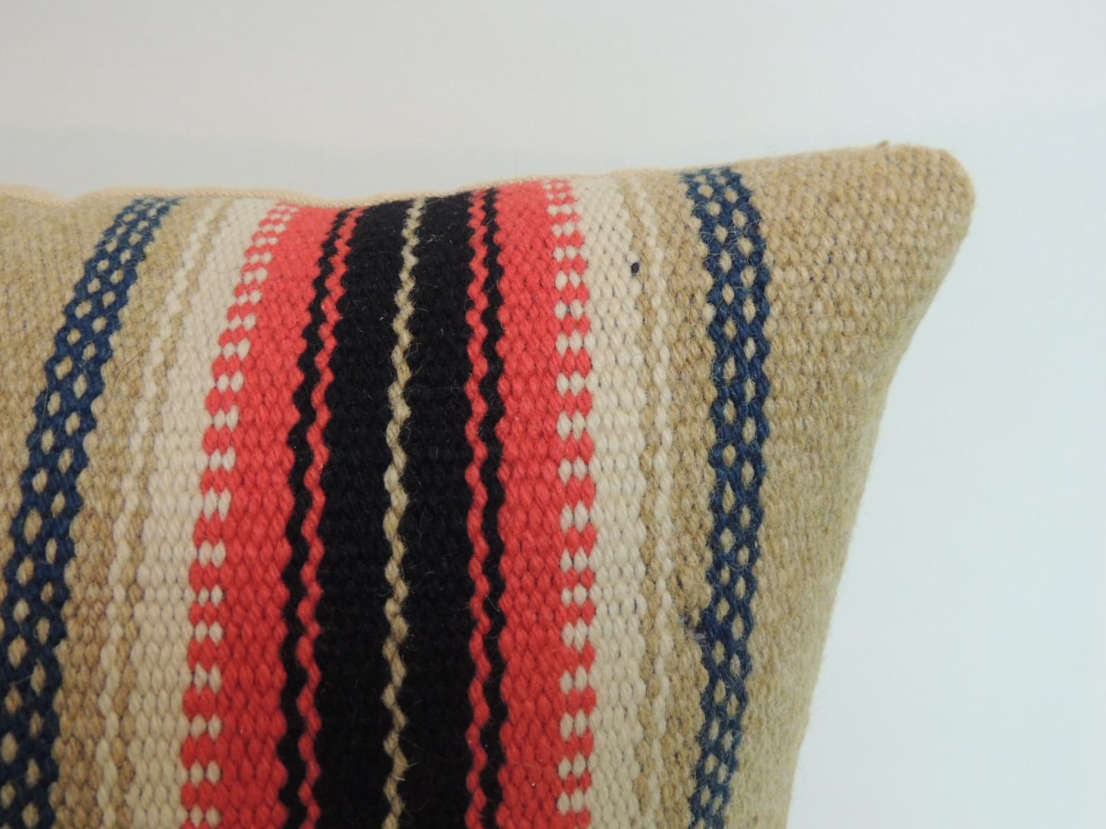 Vintage square Southwestern style woven wool decorative pillow.
Vintage Southwestern woven wool decorative square pillow. Accent pillow in shades of red, black, mustard yellow, hunter green and tan. Santa Fe style throw pillow finished in soft