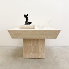 Vintage Square Travertine Stone End Table Marble Postmodern MCM Retro Minimal