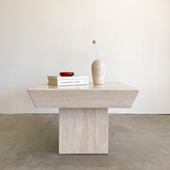 Vintage Square Travertine Stone End Table Marble Postmodern MCM Retro Minimal