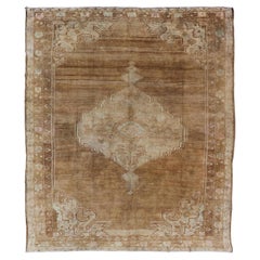 Vintage Square Turkish Oushak Kars With Medallion in Light Brown, Sand 
Taupe