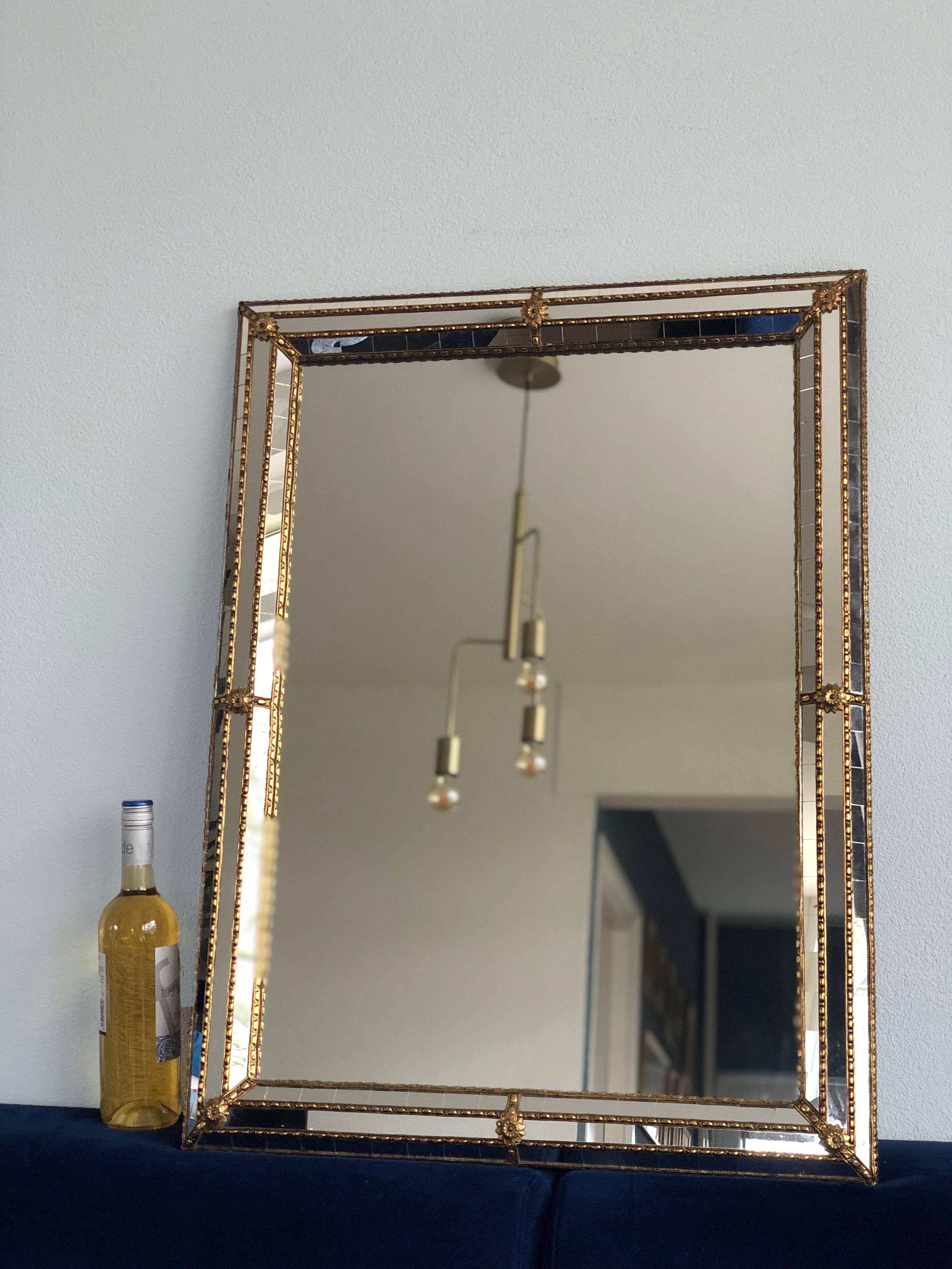 Hand-Crafted Vintage Square Venetian Mirror Hollywood Regency in Gold Spain 1990s