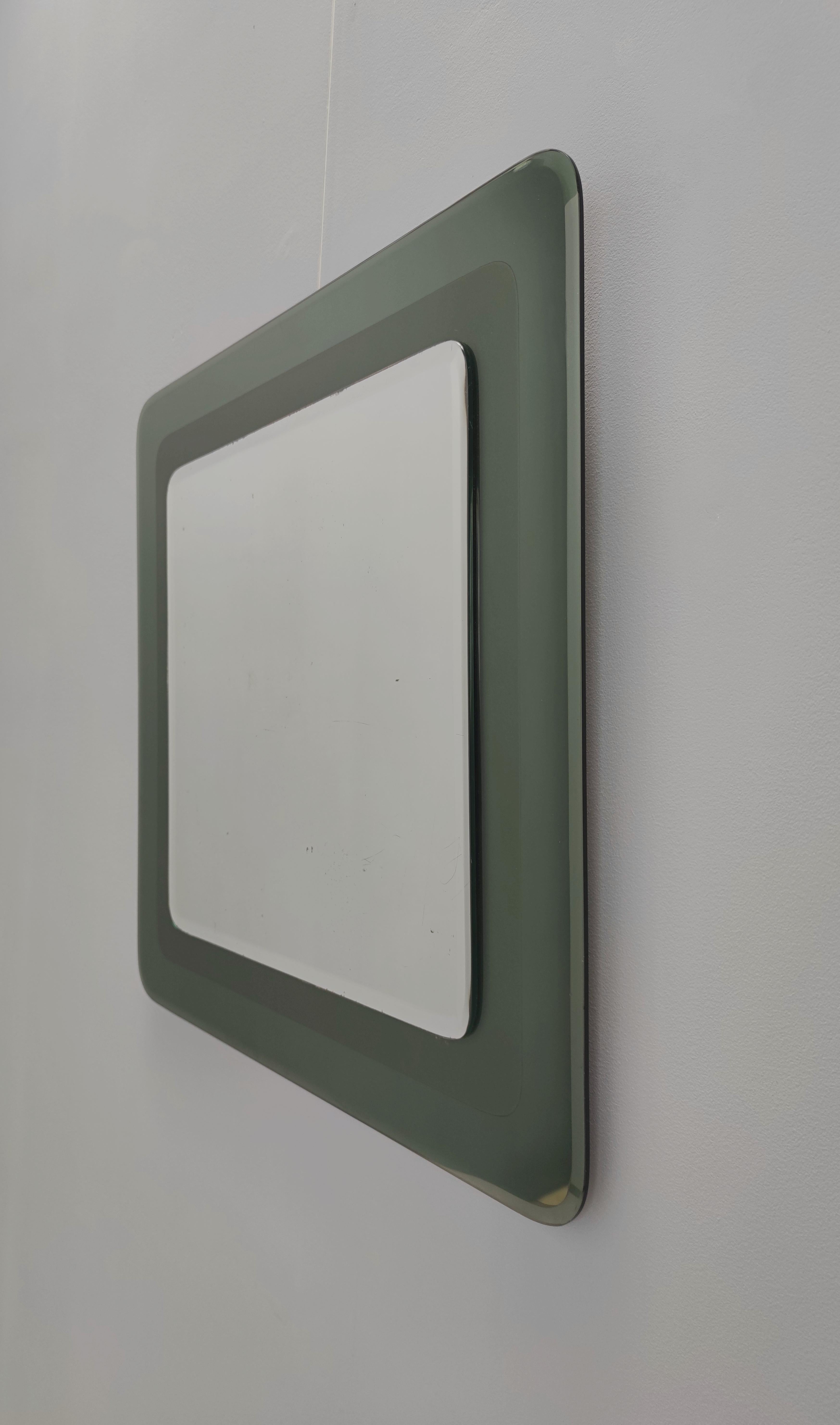 Late 20th Century Postmodern Square Wall Mirror with an Army Green Beveled Glass Frame, Italy