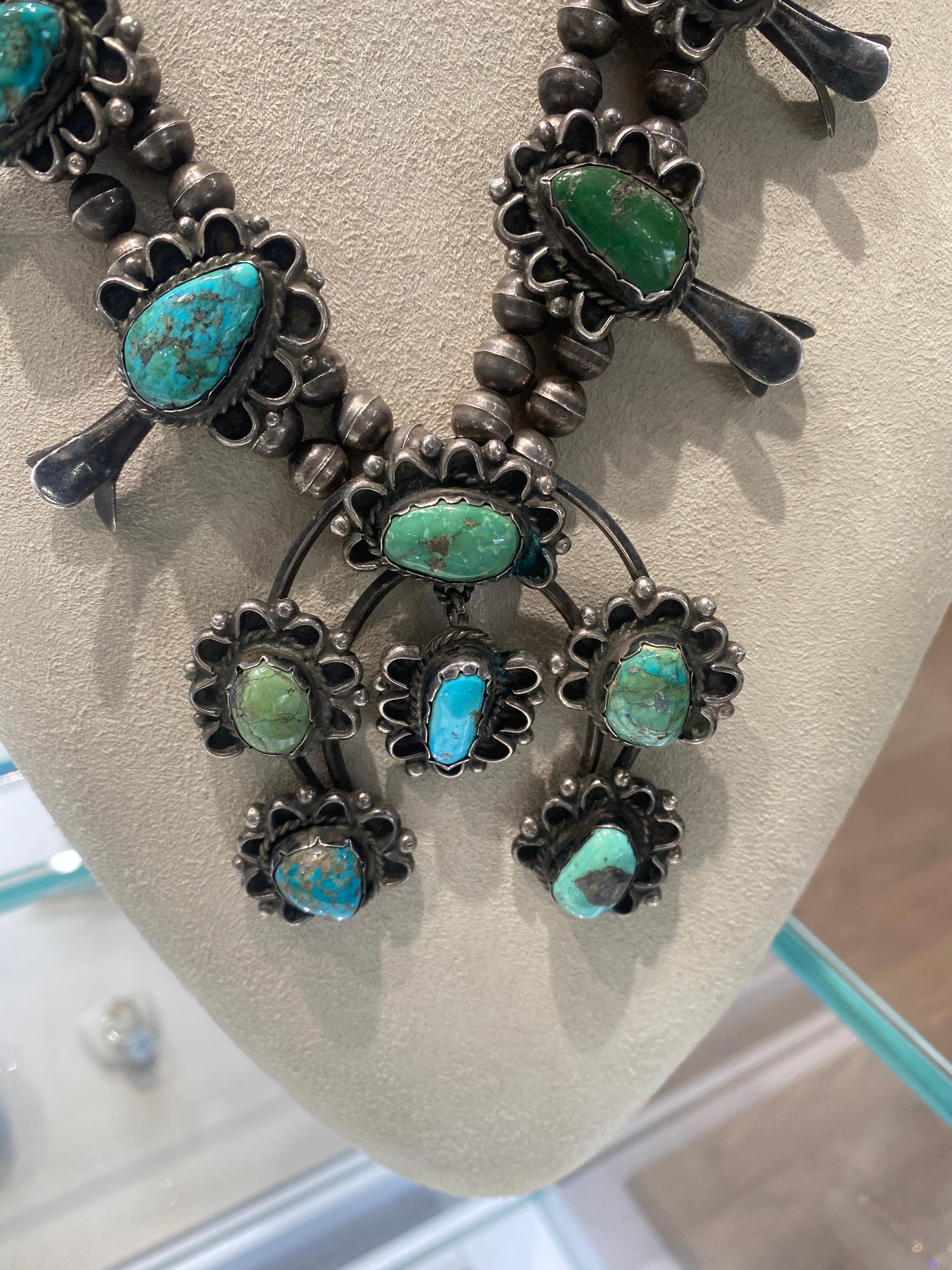 Vintage Squash Blossom Turquoise Necklace In Excellent Condition For Sale In Houston, TX