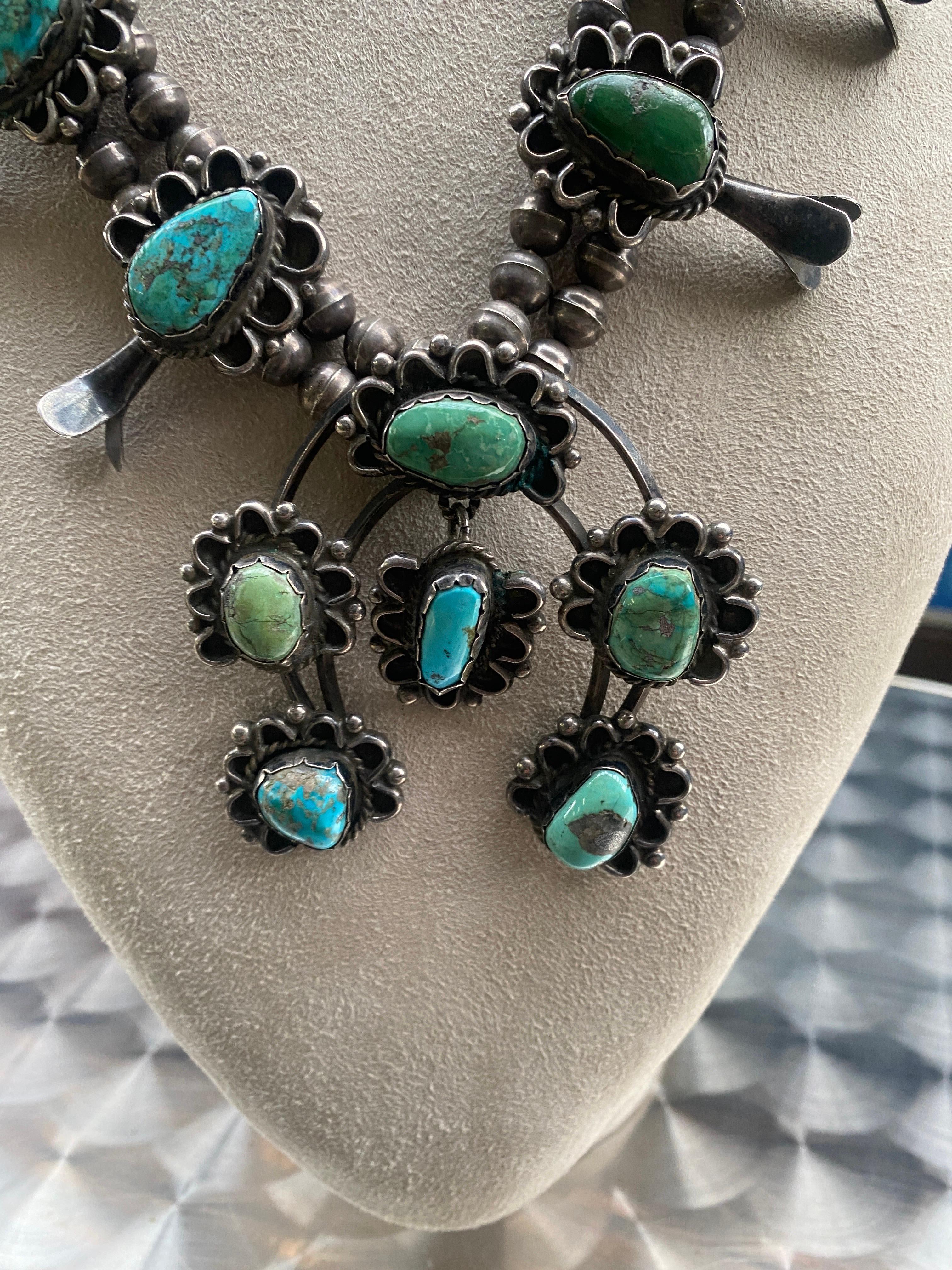 Women's or Men's Vintage Squash Blossom Turquoise Necklace For Sale
