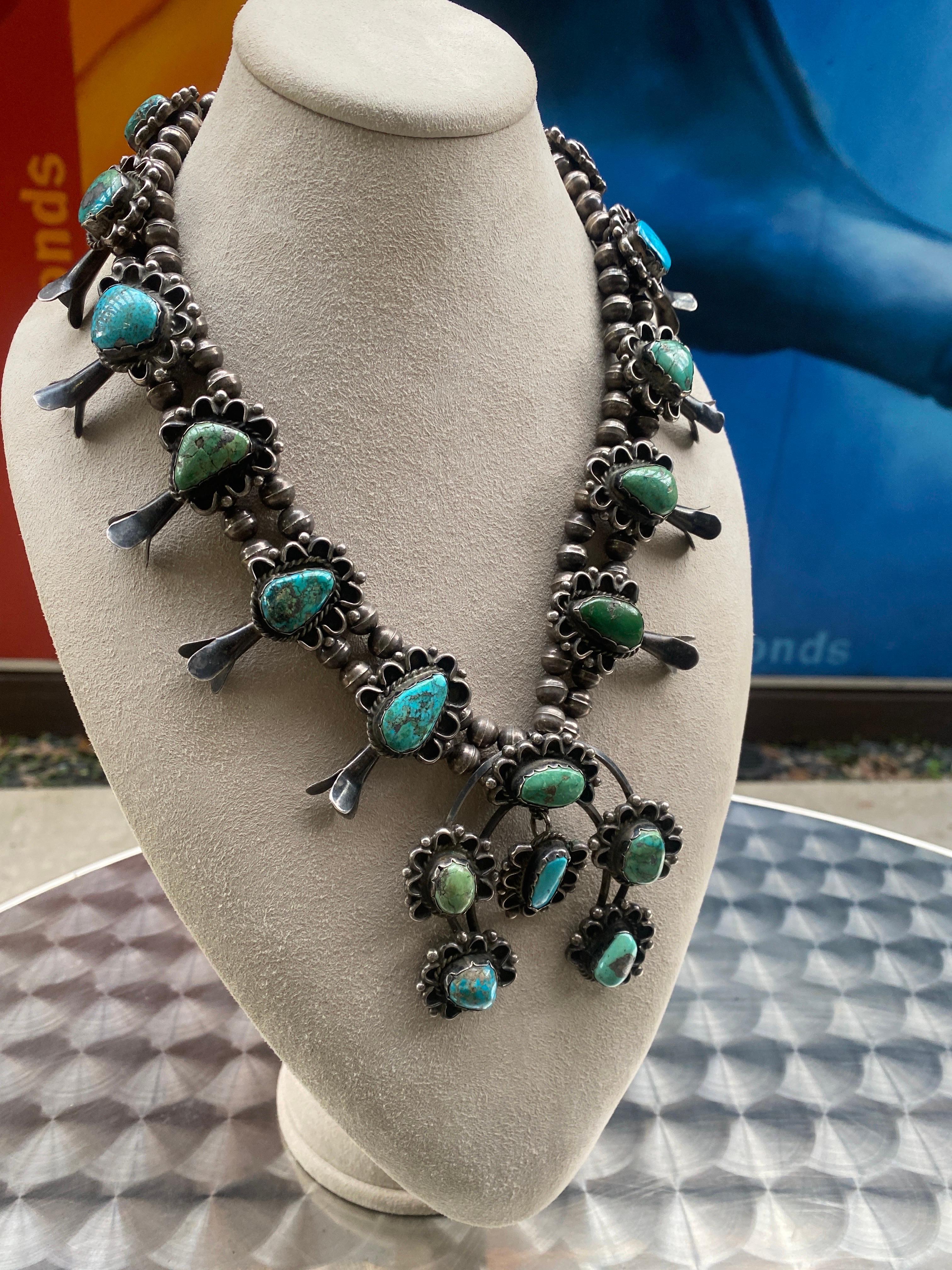 Vintage Squash Blossom Turquoise Necklace For Sale 1