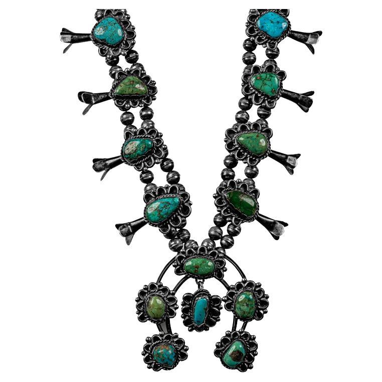 Vintage Squash Blossom Turquoise Necklace For Sale