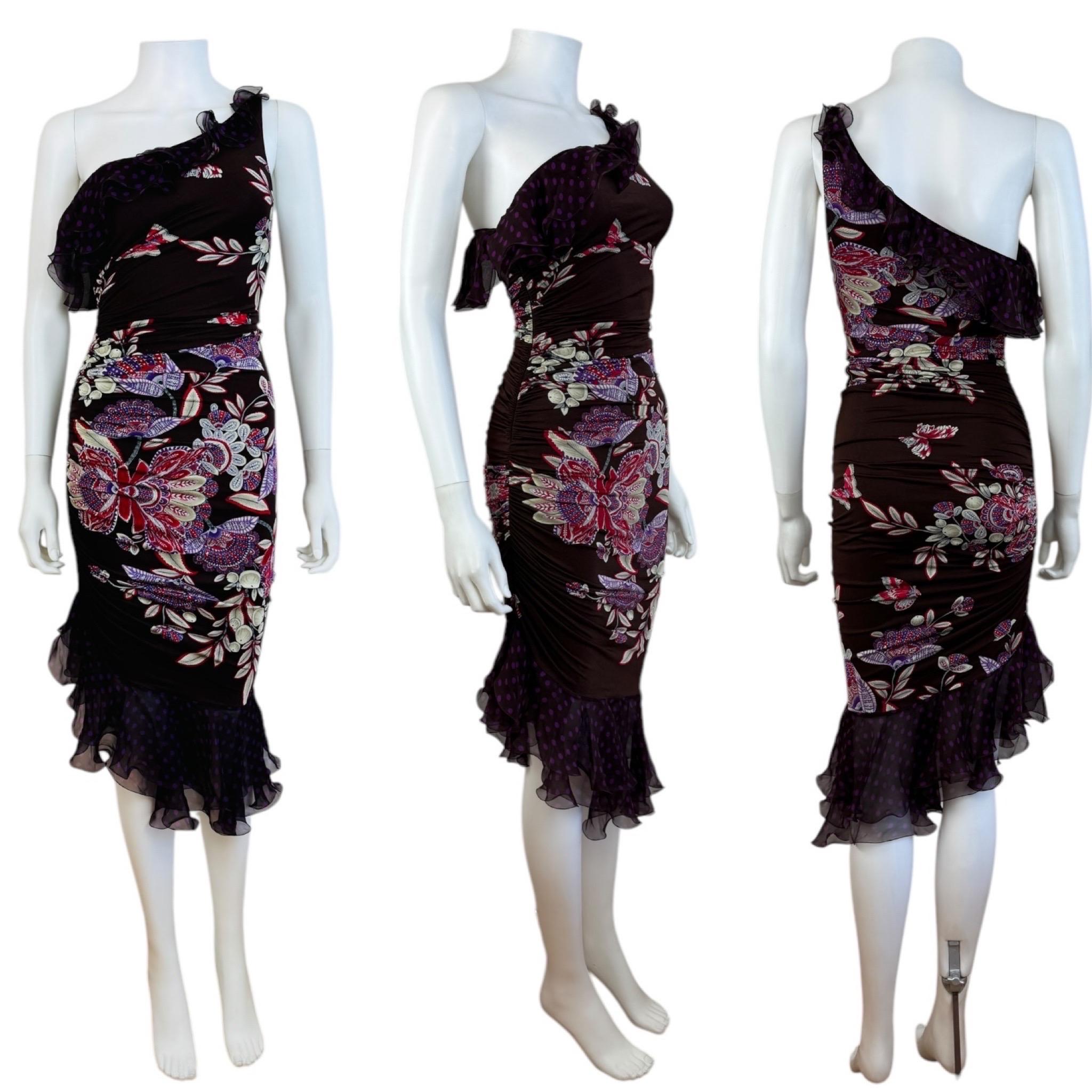 Black Vintage SS 2003 Floral Emanuel Ungaro Ruffle One Shoulder Polka Dot Midi Dress