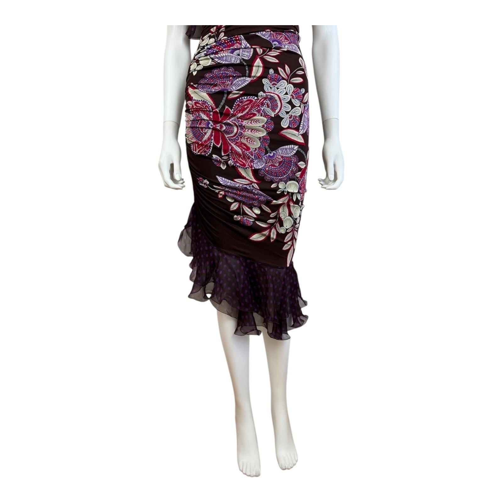 Vintage SS 2003 Floral Emanuel Ungaro Ruffle One Shoulder Polka Dot Midi Dress In Excellent Condition In Denver, CO