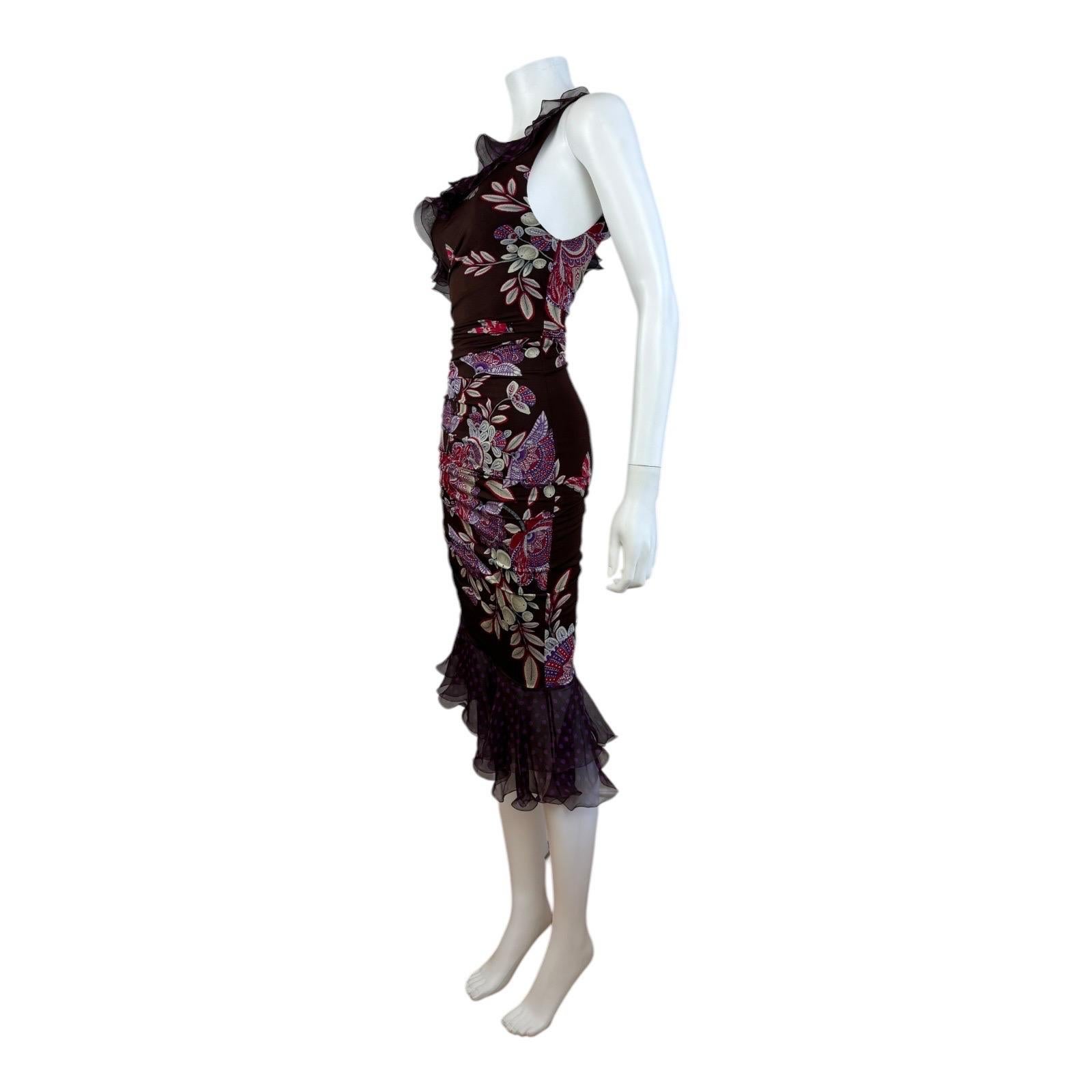 Women's Vintage SS 2003 Floral Emanuel Ungaro Ruffle One Shoulder Polka Dot Midi Dress