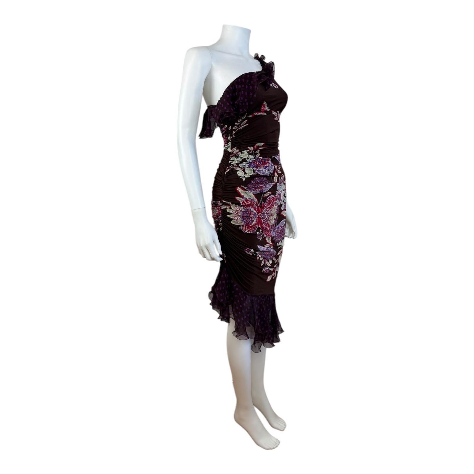 Vintage SS 2003 Floral Emanuel Ungaro Ruffle One Shoulder Polka Dot Midi Dress 1