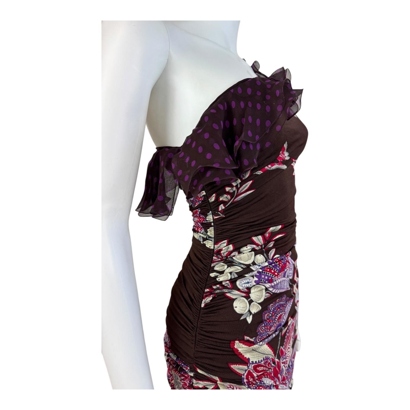 Vintage SS 2003 Floral Emanuel Ungaro Ruffle One Shoulder Polka Dot Midi Dress 2