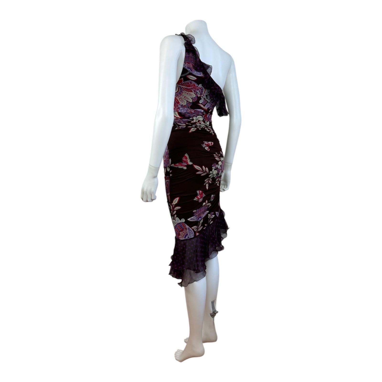 Vintage SS 2003 Floral Emanuel Ungaro Ruffle One Shoulder Polka Dot Midi Dress 3