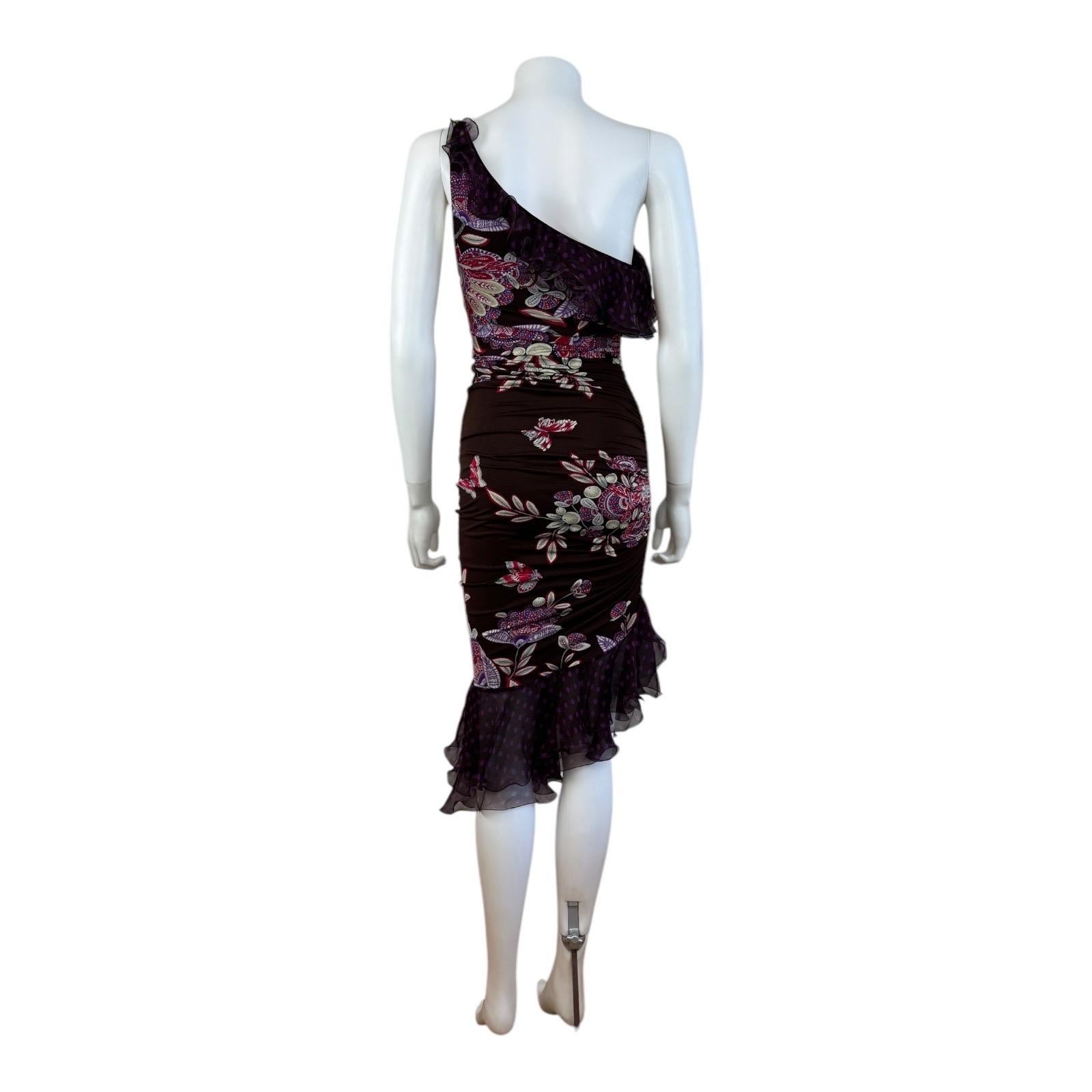 Vintage SS 2003 Floral Emanuel Ungaro Ruffle One Shoulder Polka Dot Midi Dress 4