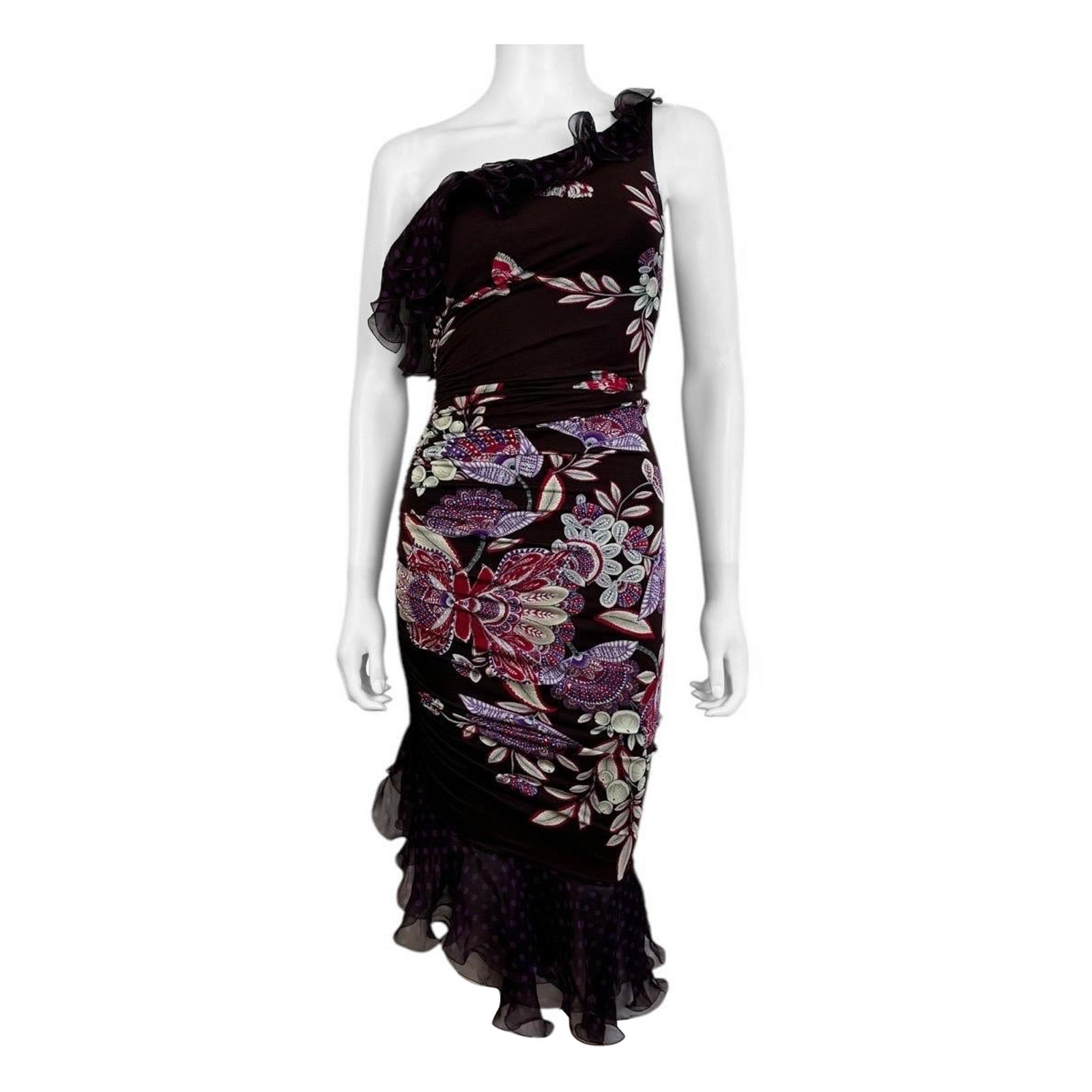 Vintage SS 2003 Floral Emanuel Ungaro Ruffle One Shoulder Polka Dot Midi Dress