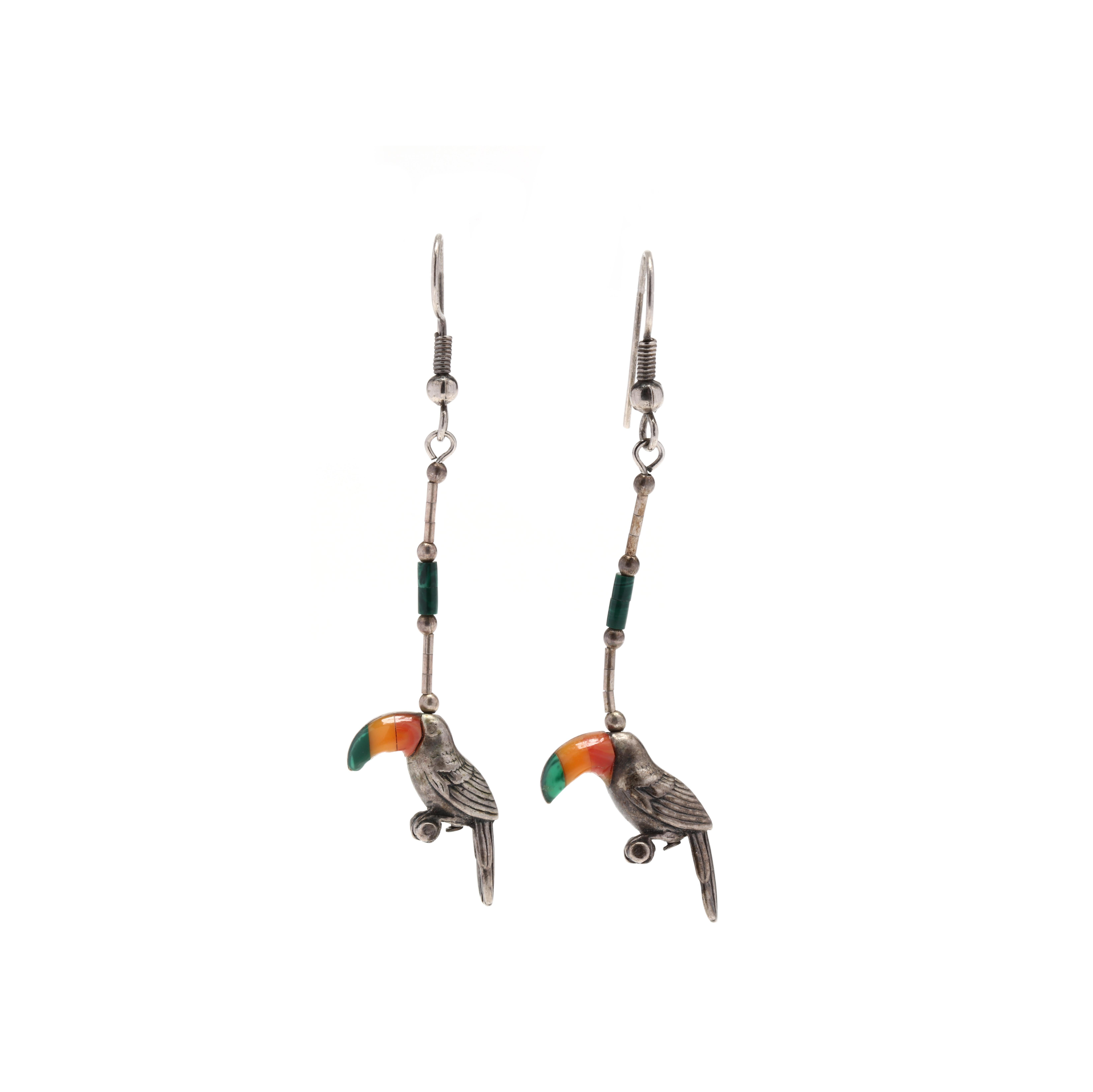 Women's or Men's Vintage SS Gem-Set Parrot Dangle Earrings