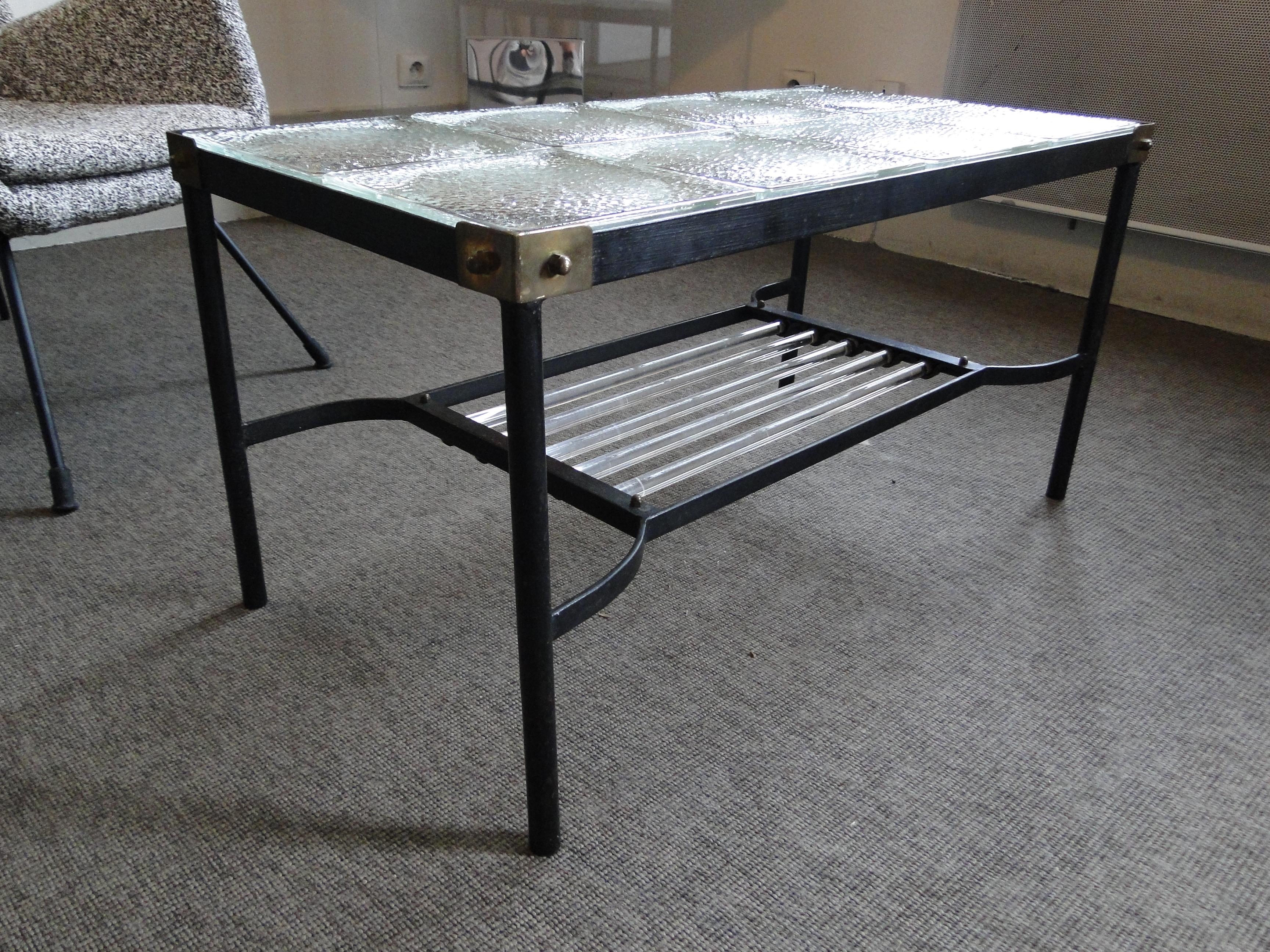 Metal Vintage St Gobain Glass Coffee Table, Jacques Adnet  France, circa 1950