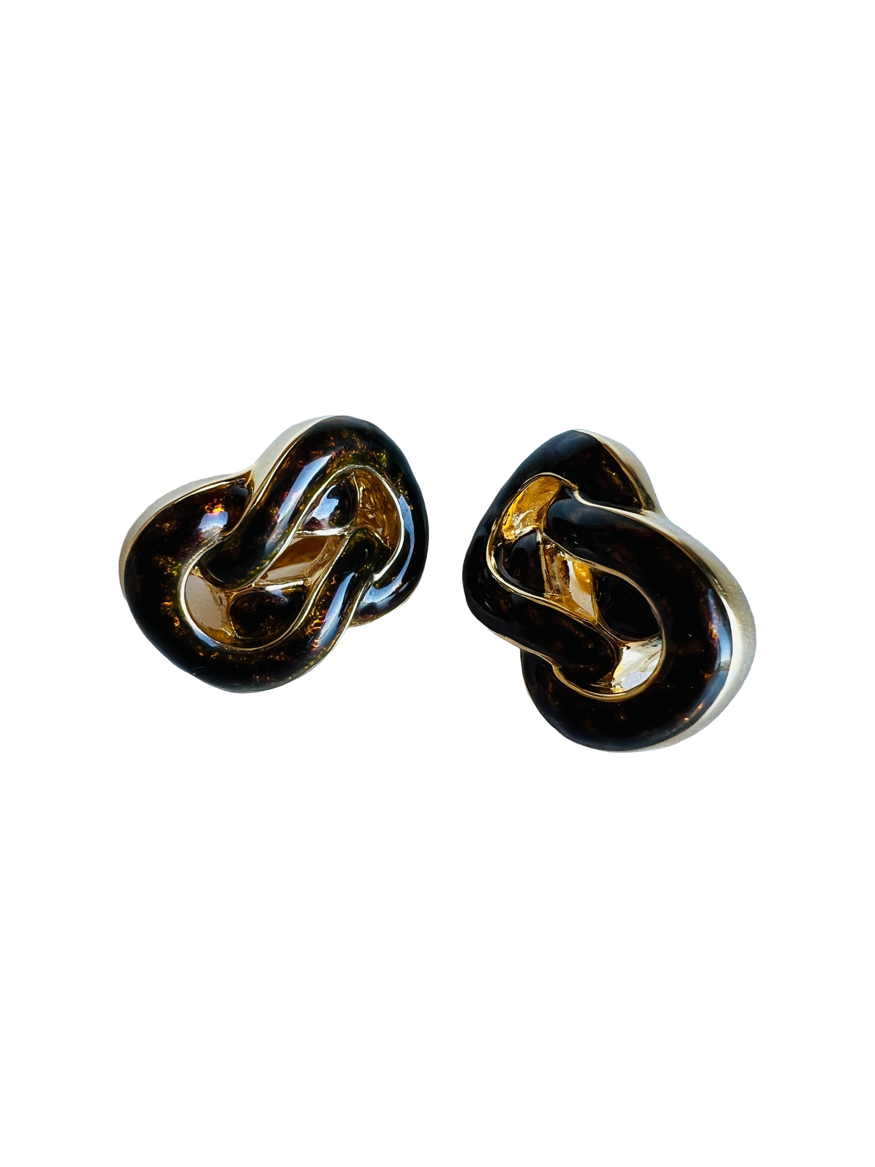 Women's Vintage St John Brown Tortoiseshell Enamel Chain Link Gold Clip Earrings