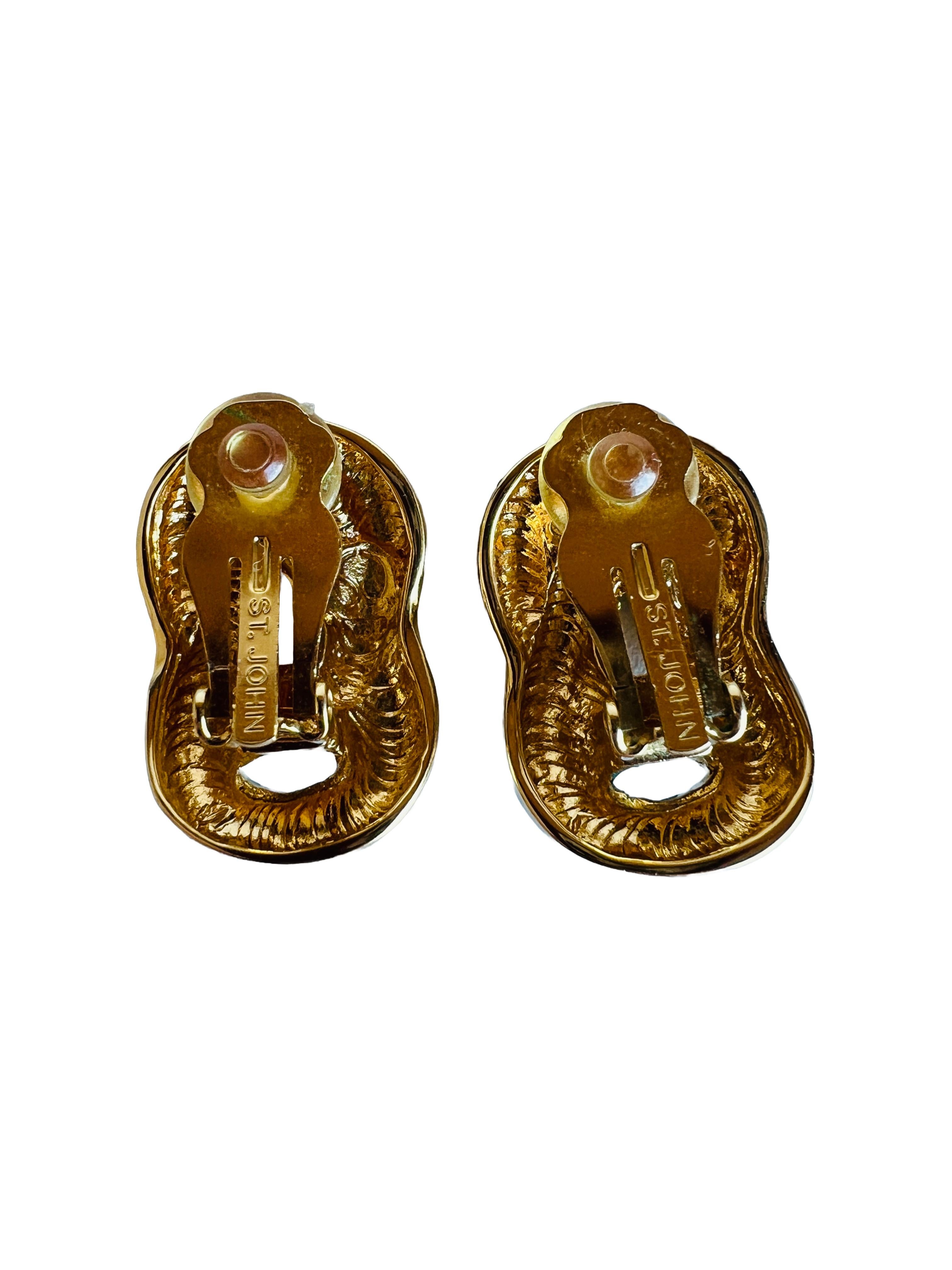 Vintage St John Brown Tortoiseshell Enamel Chain Link Gold Clip Earrings 1