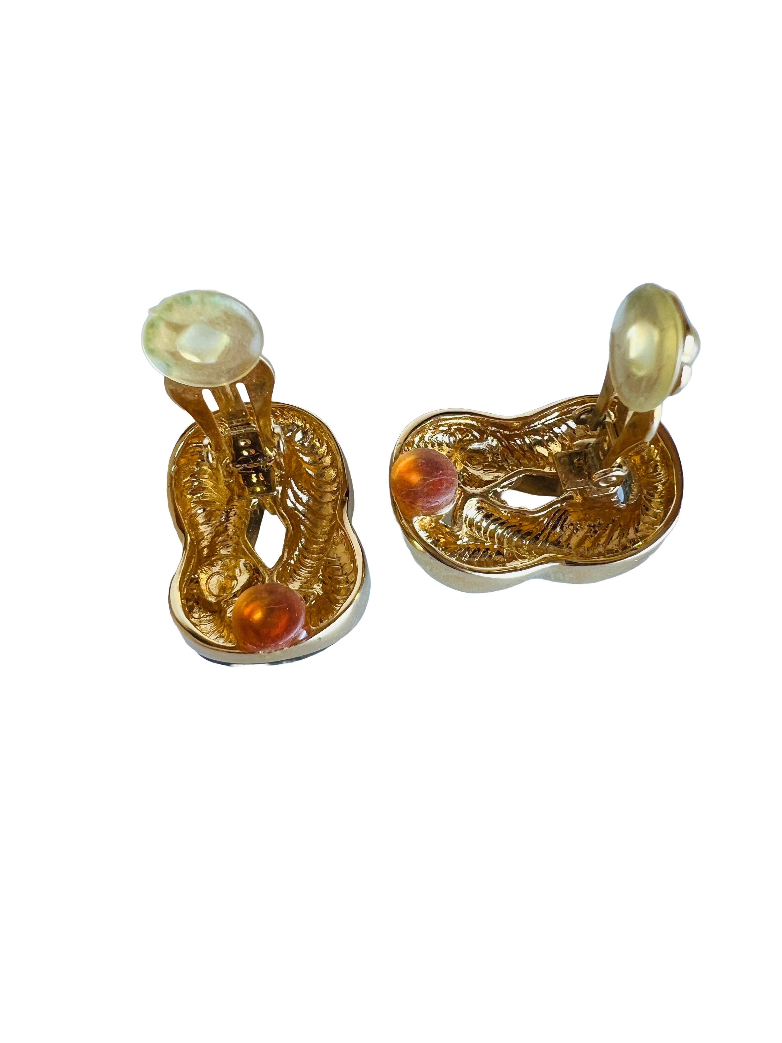 Vintage St John Brown Tortoiseshell Enamel Chain Link Gold Clip Earrings 2