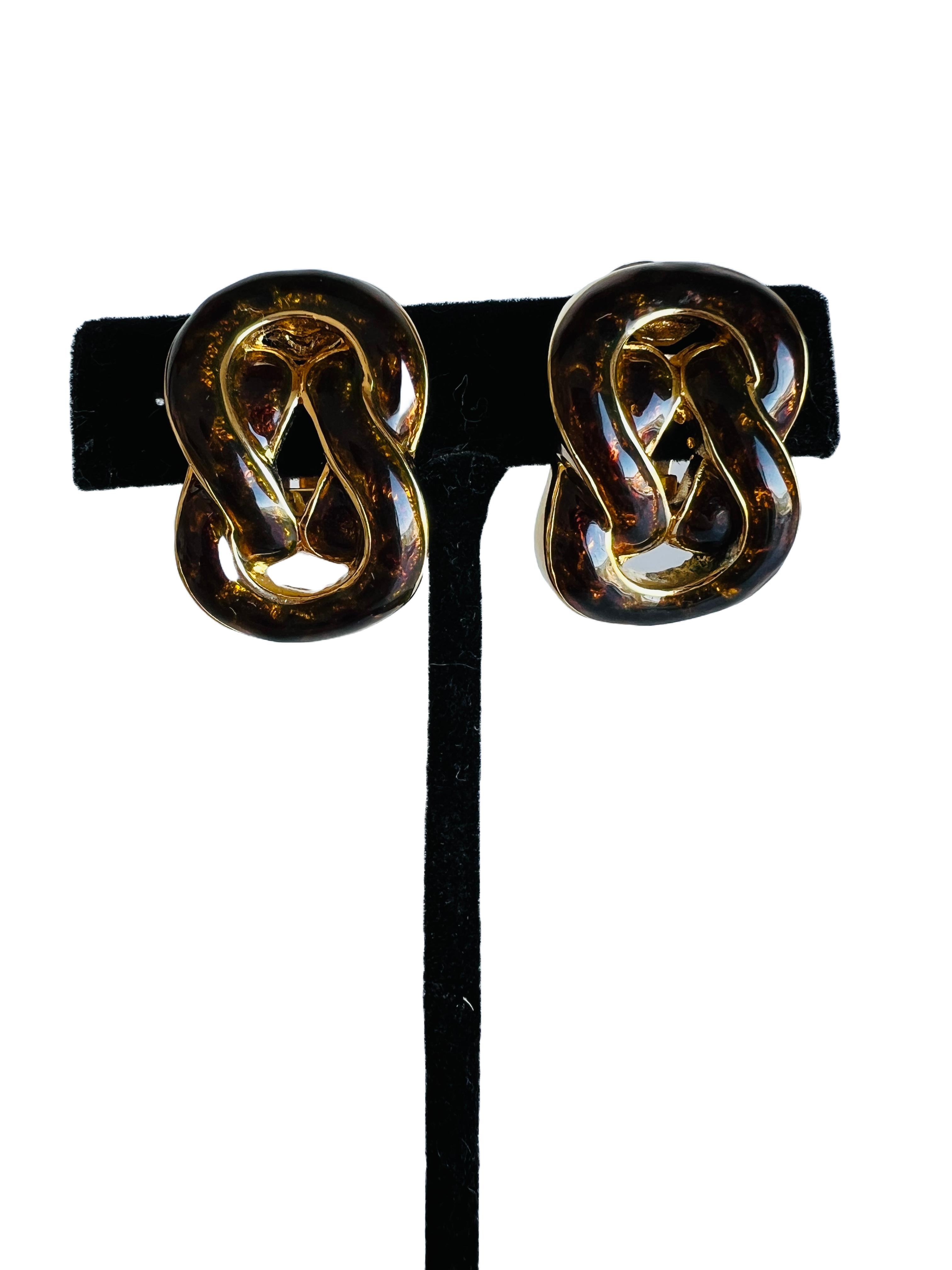 Vintage St John Brown Tortoiseshell Enamel Chain Link Gold Clip Earrings 3