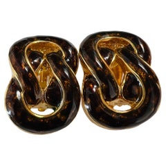 Vintage St John Brown Tortoiseshell Enamel Chain Link Gold Clip Earrings