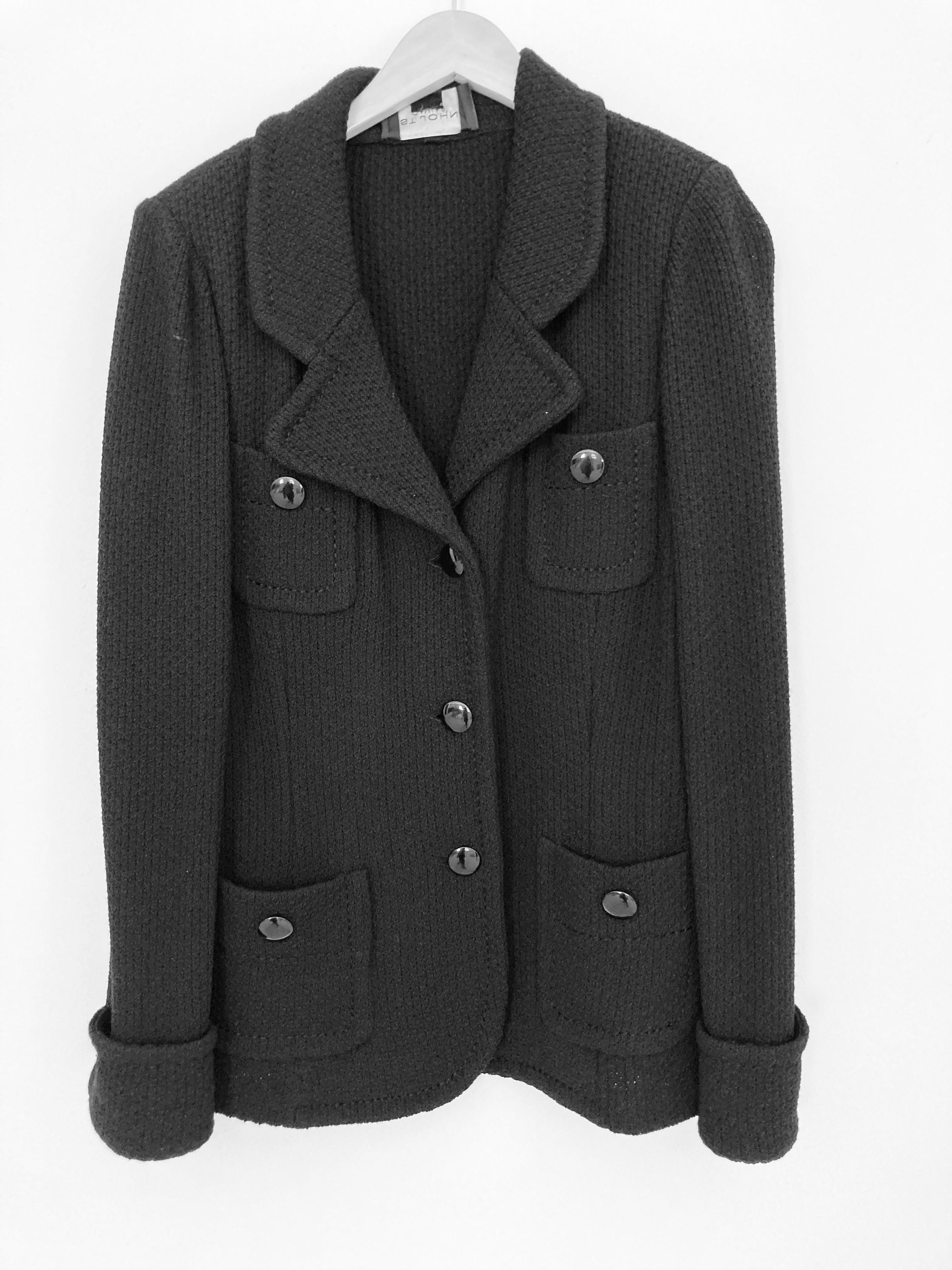 Vintage St John Caviar Black Knit Wool Blazer and Skirt Suit For Sale 11