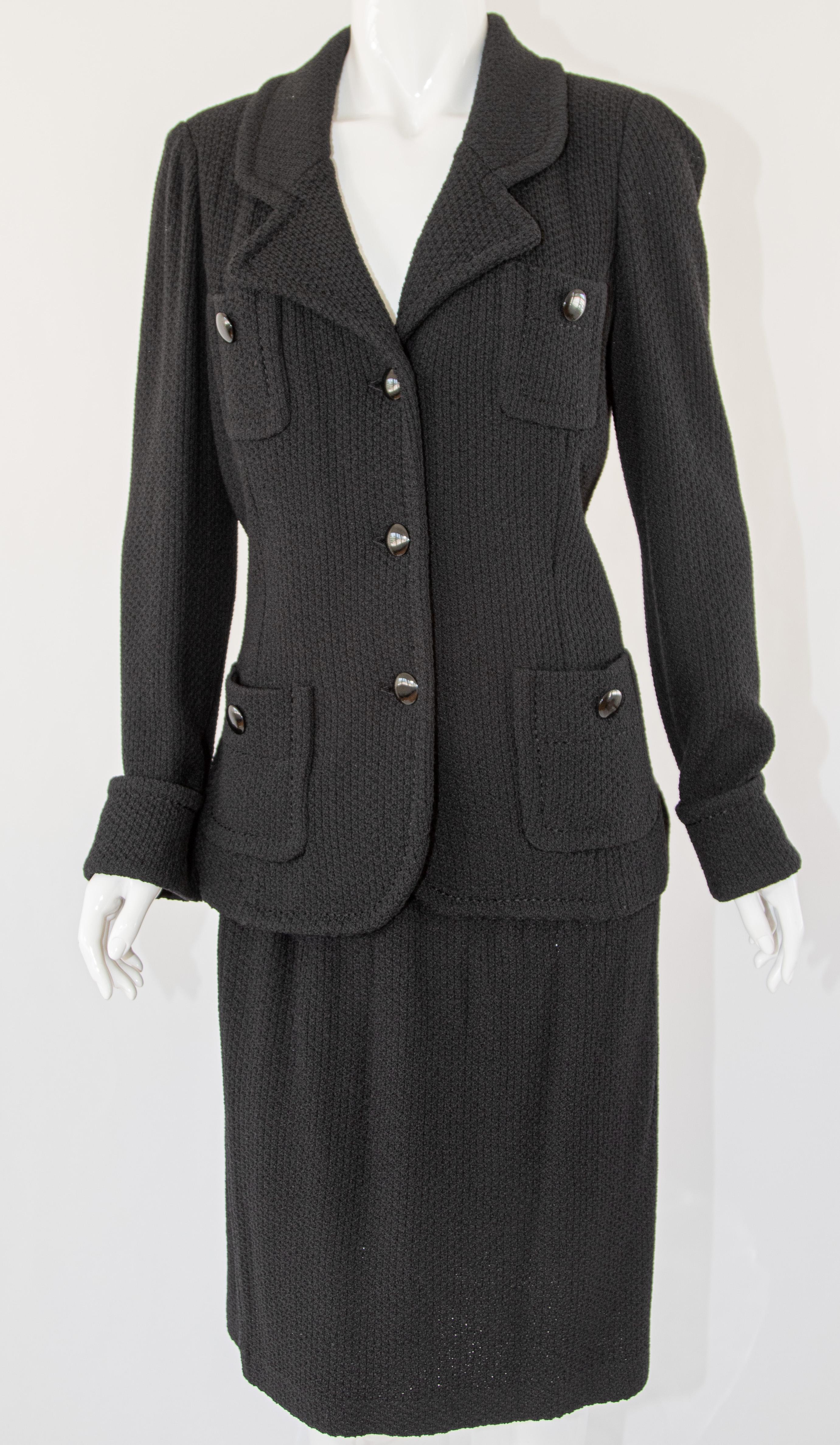 Vintage St John Caviar Black Knit Wool Blazer and Skirt Suit In Good Condition For Sale In North Hollywood, CA